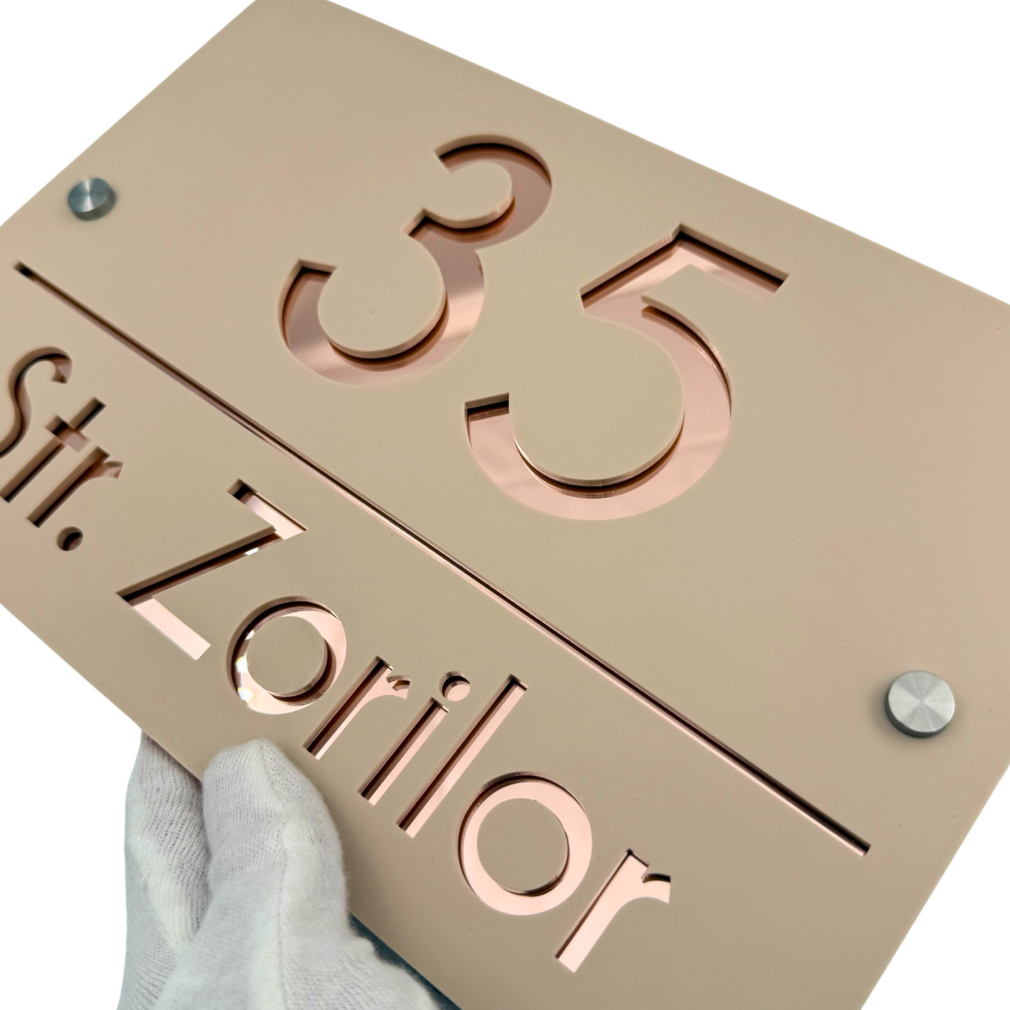 PREMIUM HOUSE NUMBER - Cream colour Satin Rose Gold Mirror 2 Spacers Silver - 30×20 cm