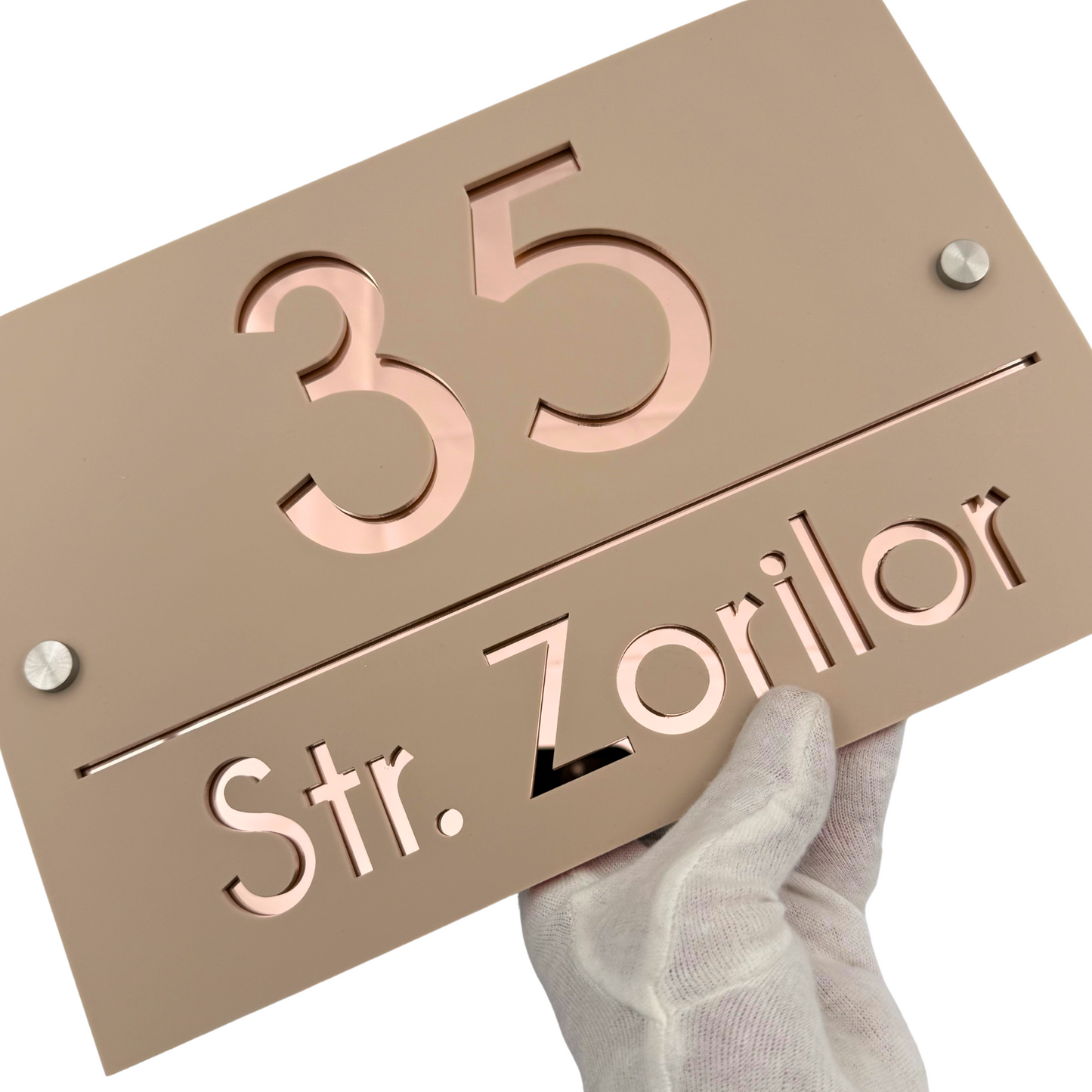 PREMIUM HOUSE NUMBER - Cream colour Satin Rose Gold Mirror 2 Spacers Silver - 30×20 cm