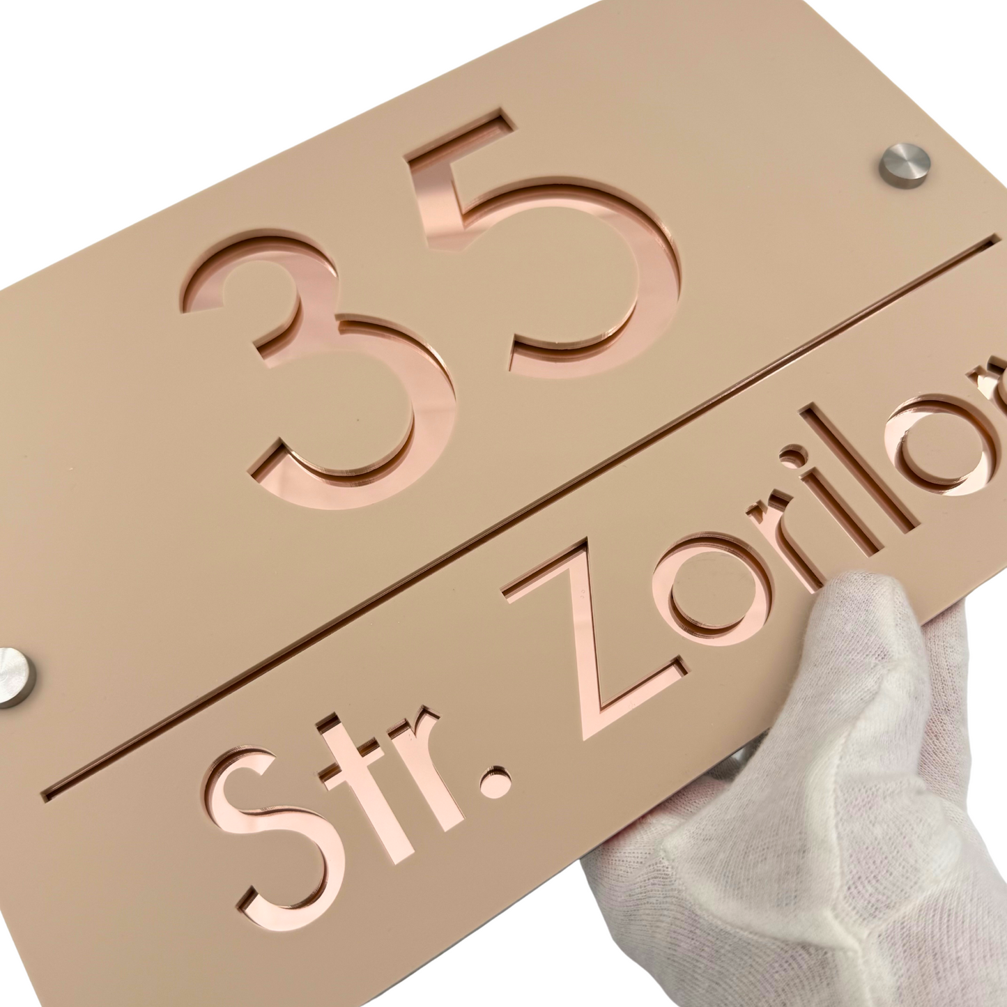 PREMIUM HOUSE NUMBER - Cream colour Satin Rose Gold Mirror 2 Spacers Silver - 30×20 cm