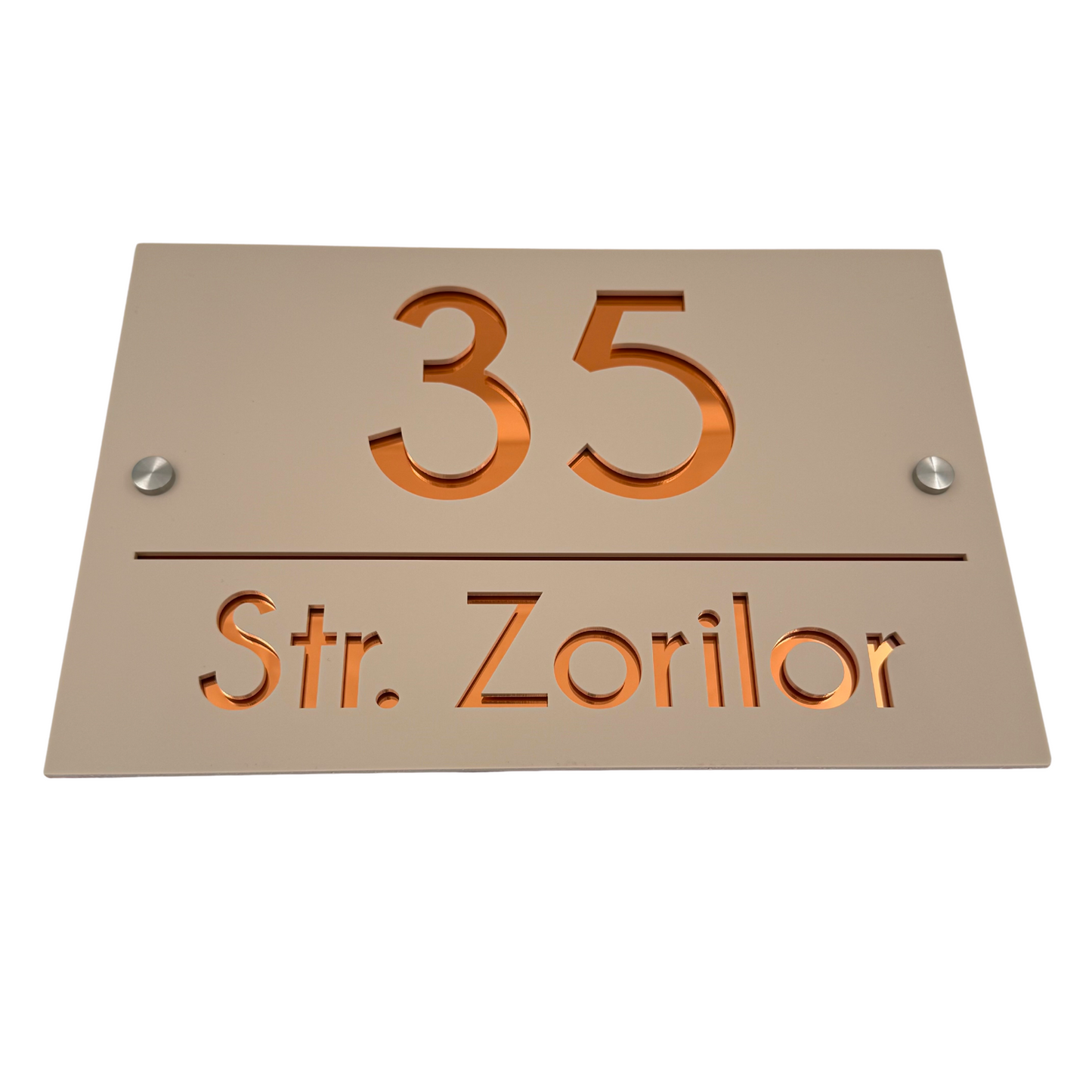 PREMIUM HOUSE NUMBER - Cream colour Satin Copper Mirror 2 Spacers Silver - 30×20 cm