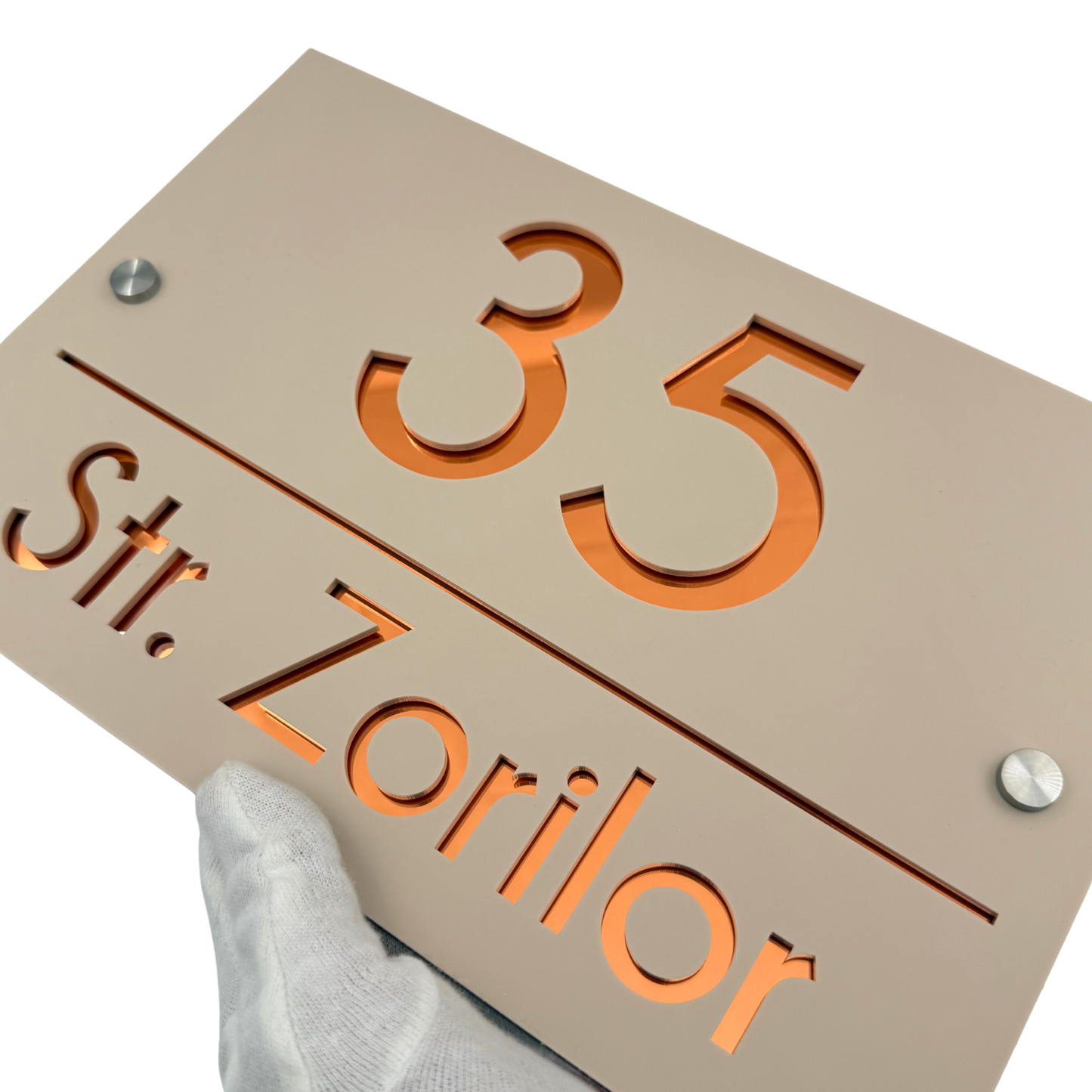 PREMIUM HOUSE NUMBER - Cream colour Satin Copper Mirror 2 Spacers Silver - 30×20 cm