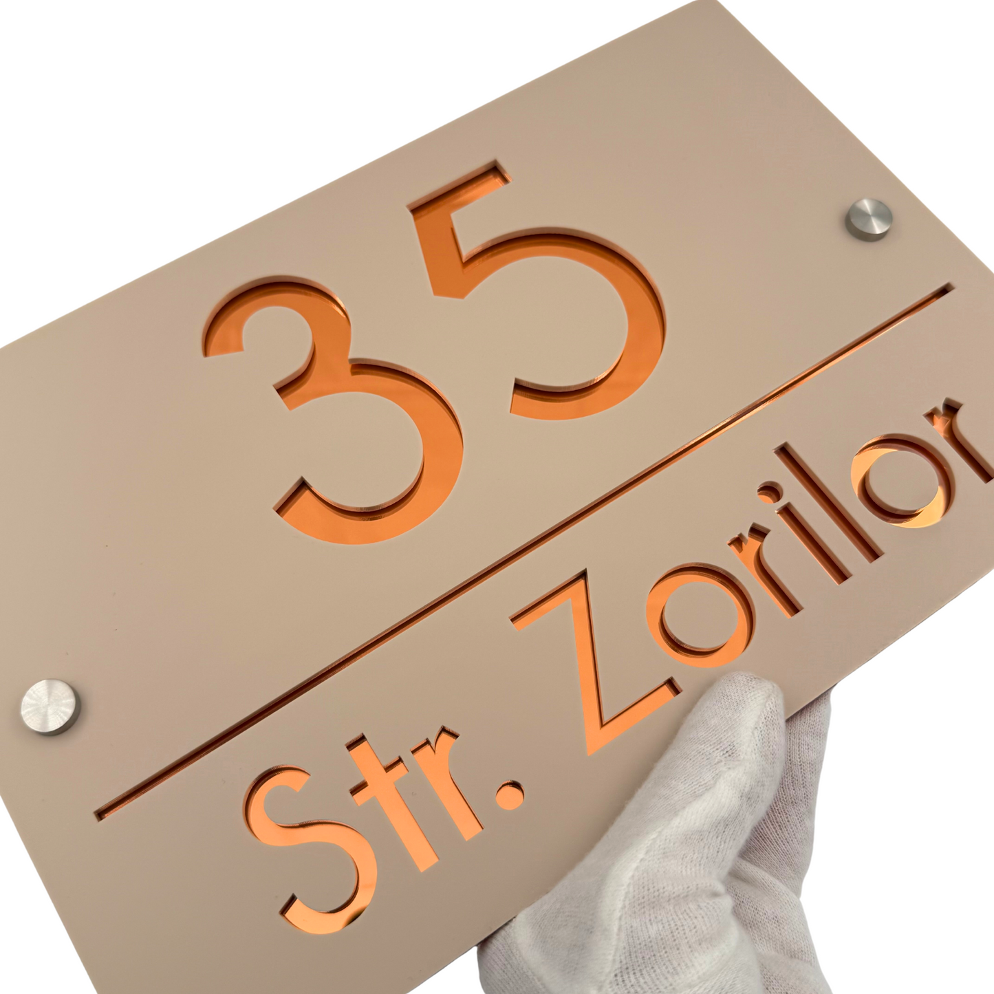 PREMIUM HOUSE NUMBER - Cream colour Satin Copper Mirror 2 Spacers Silver - 30×20 cm