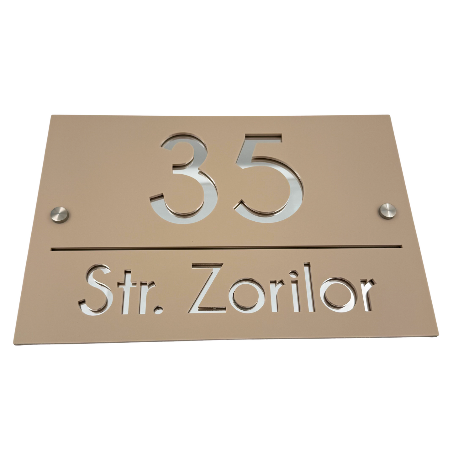 PREMIUM HOUSE NUMBER - Cream colour Satin Silver Mirror 2 Spacers Silver - 30×20 cm