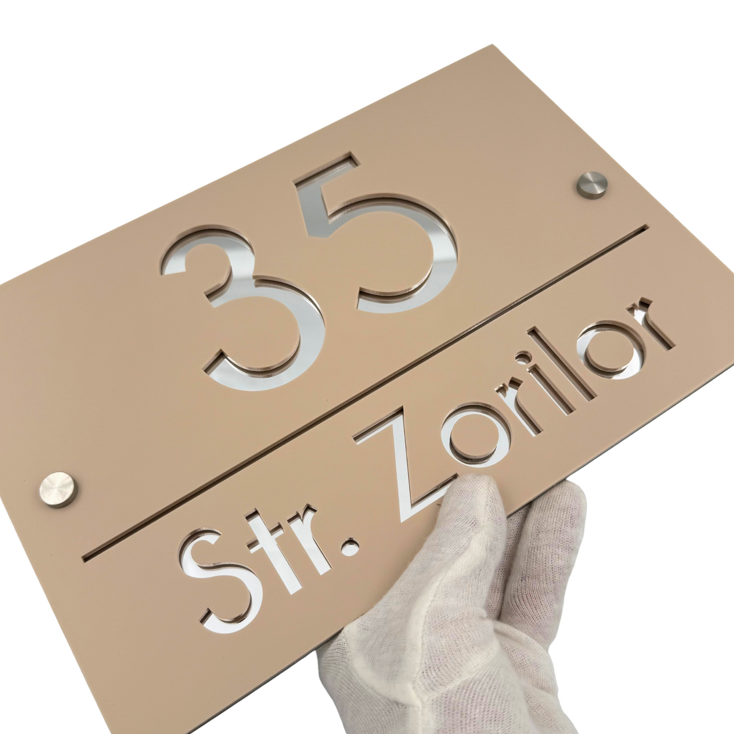 PREMIUM HOUSE NUMBER - Cream colour Satin Silver Mirror 2 Spacers Silver - 30×20 cm
