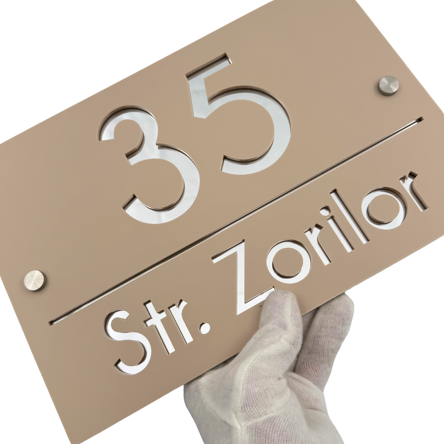 PREMIUM HOUSE NUMBER - Cream colour Satin Silver Mirror 2 Spacers Silver - 30×20 cm