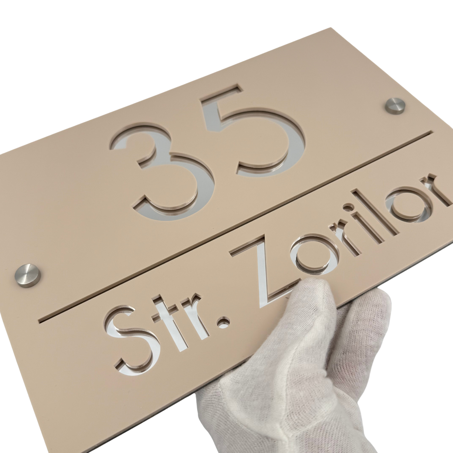 PREMIUM HOUSE NUMBER - Cream colour Satin Silver Mirror 2 Spacers Silver - 30×20 cm