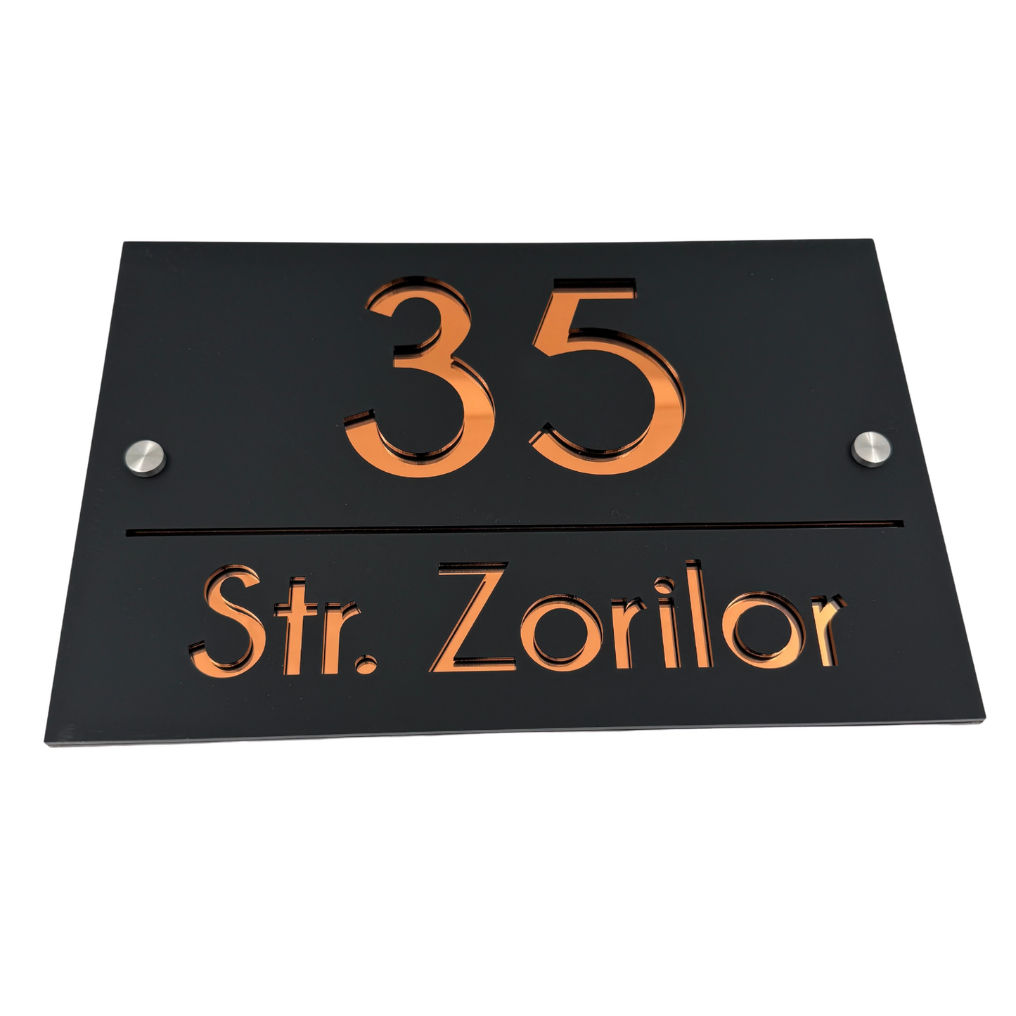 PREMIUM HOUSE NUMBER - Satin Black Copper Mirror 2 Spacers Silver - 30×20 cm
