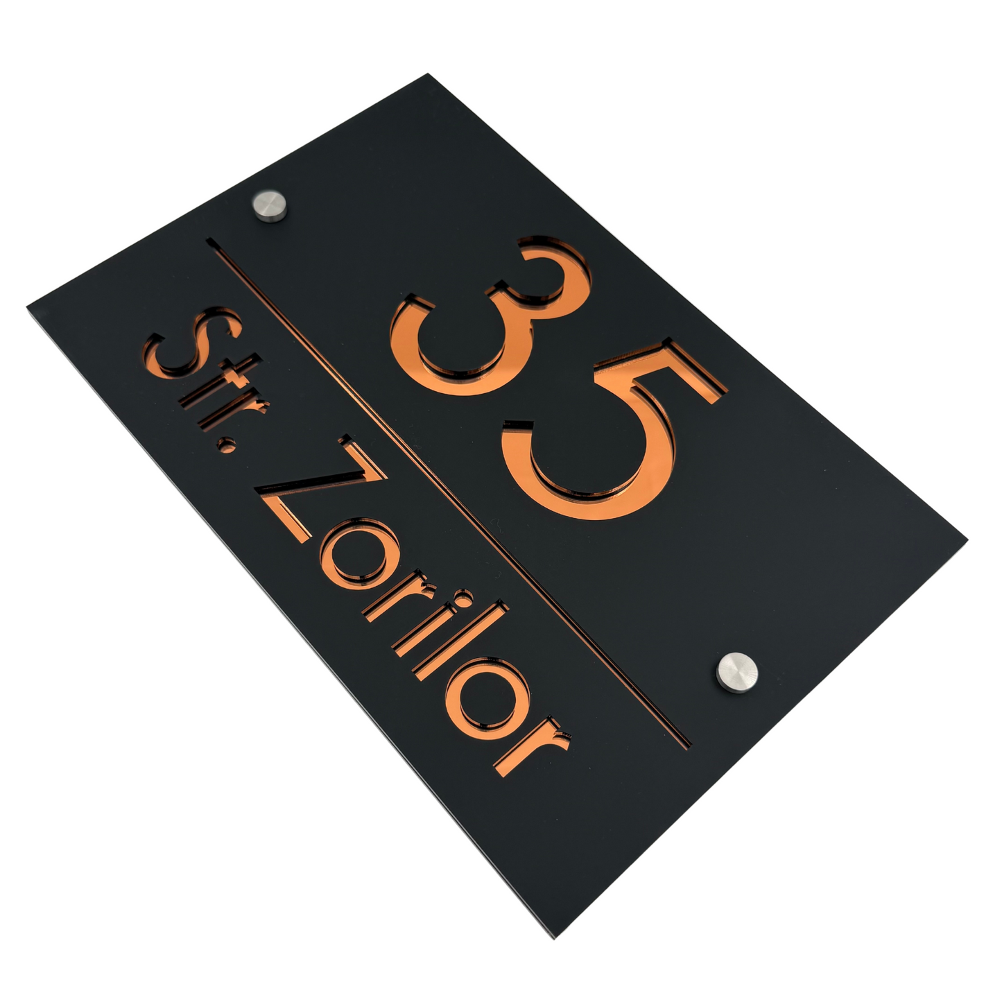 PREMIUM HOUSE NUMBER - Satin Black Copper Mirror 2 Spacers Silver - 30×20 cm