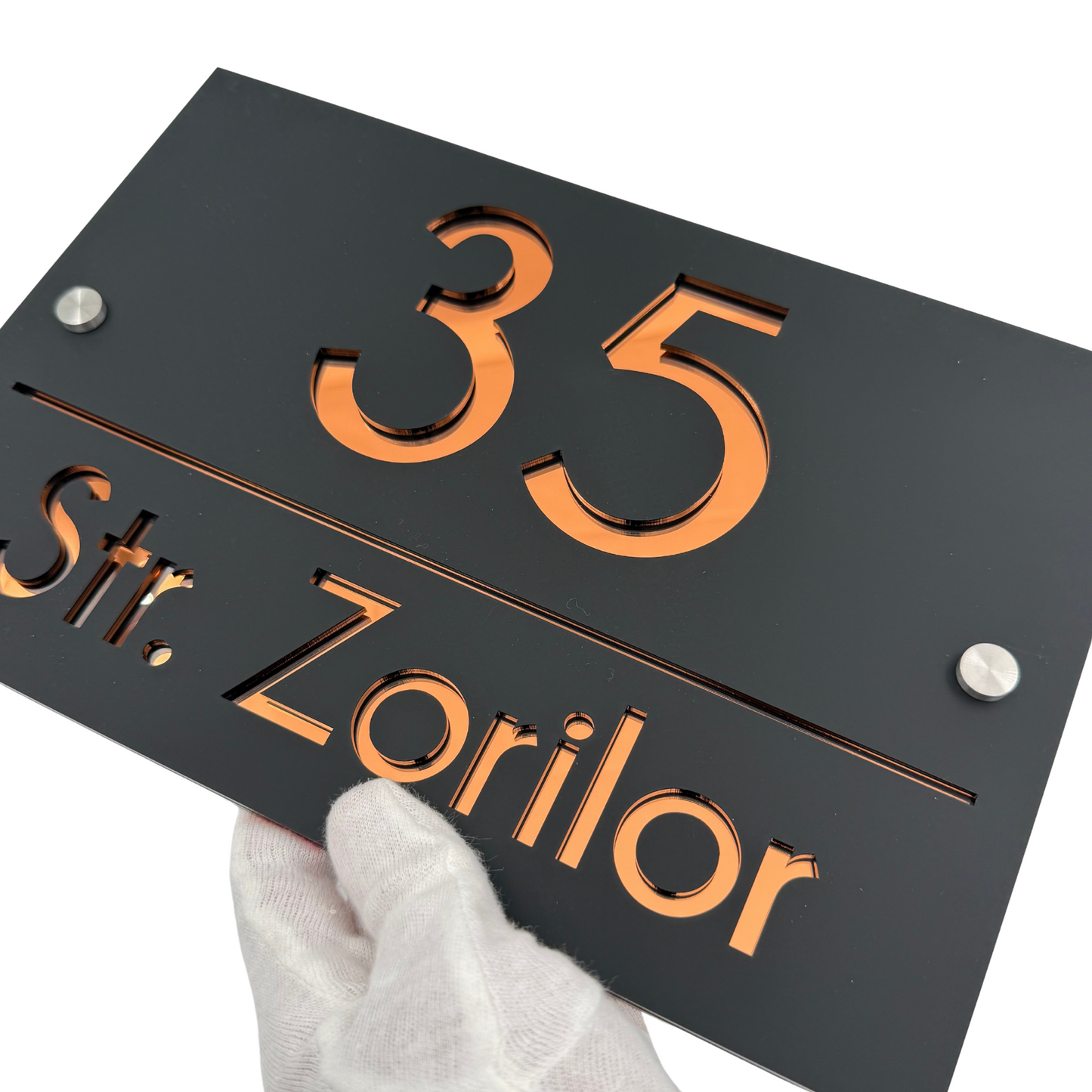 PREMIUM HOUSE NUMBER - Satin Black Copper Mirror 2 Spacers Silver - 30×20 cm