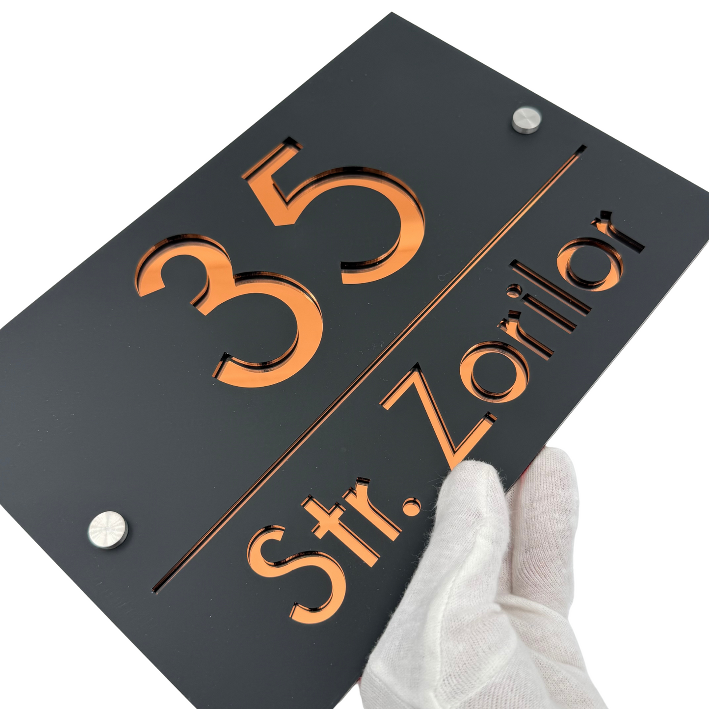 PREMIUM HOUSE NUMBER - Satin Black Copper Mirror 2 Spacers Silver - 30×20 cm