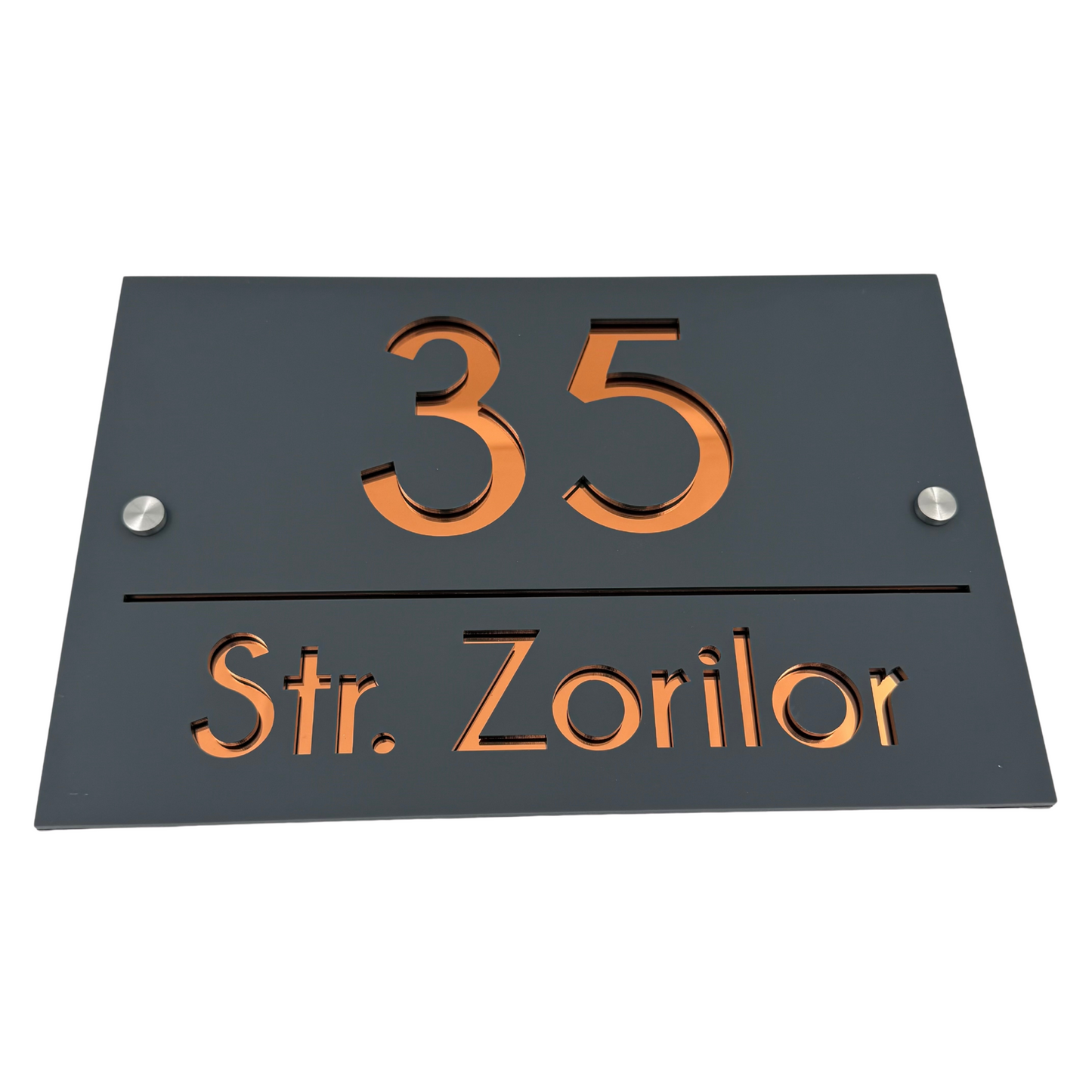 PREMIUM HOUSE NUMBER - Satin Grey Copper Mirror 2 Spacers Silver - 30×20 cm