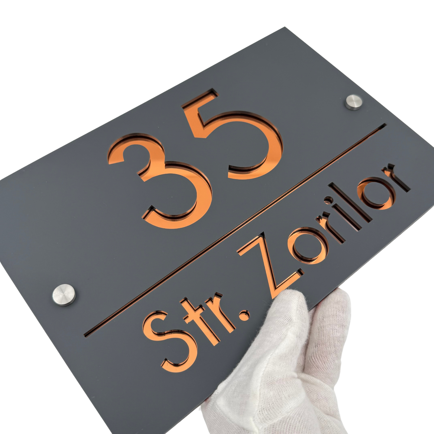 PREMIUM HOUSE NUMBER - Satin Grey Copper Mirror 2 Spacers Silver - 30×20 cm