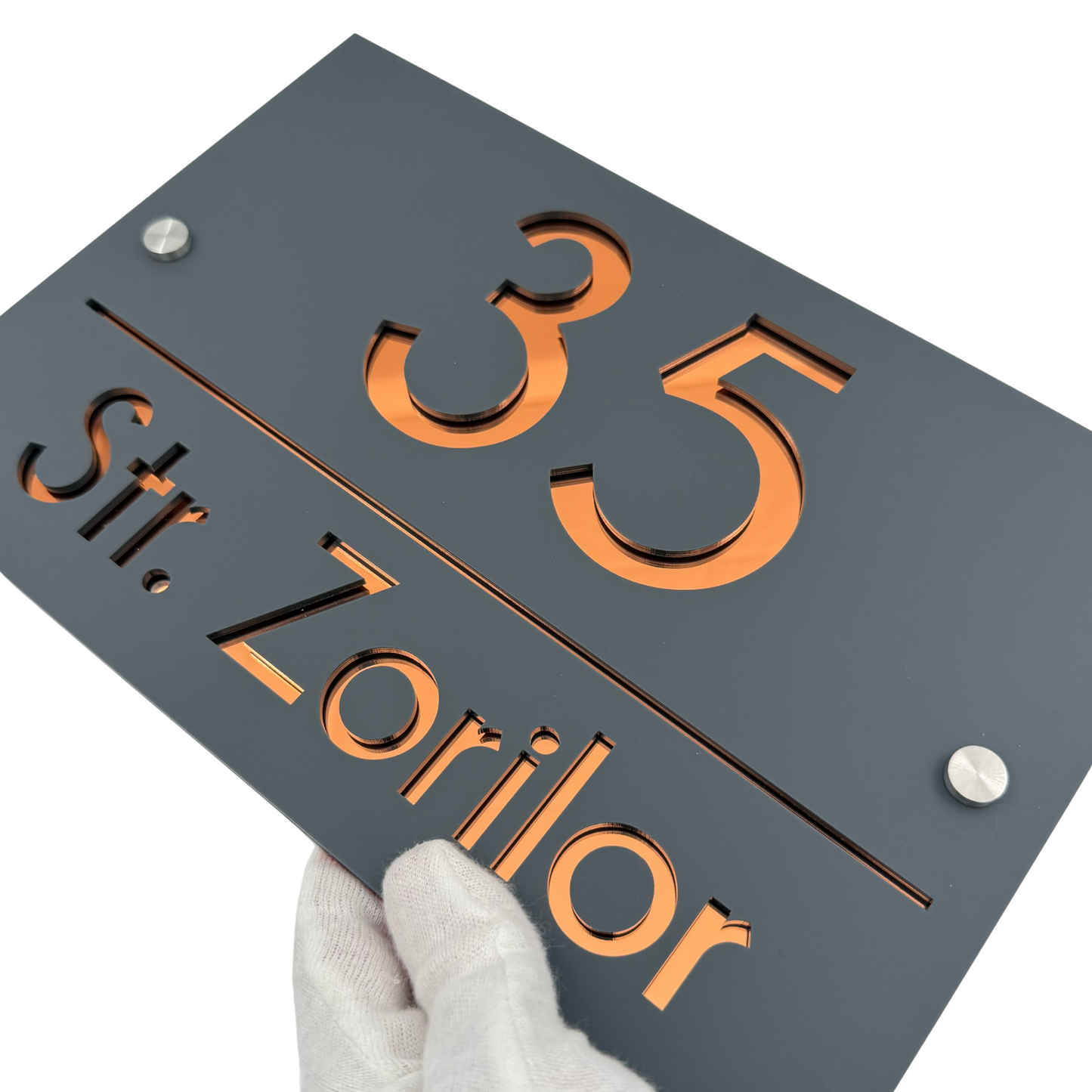 PREMIUM HOUSE NUMBER - Satin Grey Copper Mirror 2 Spacers Silver - 30×20 cm