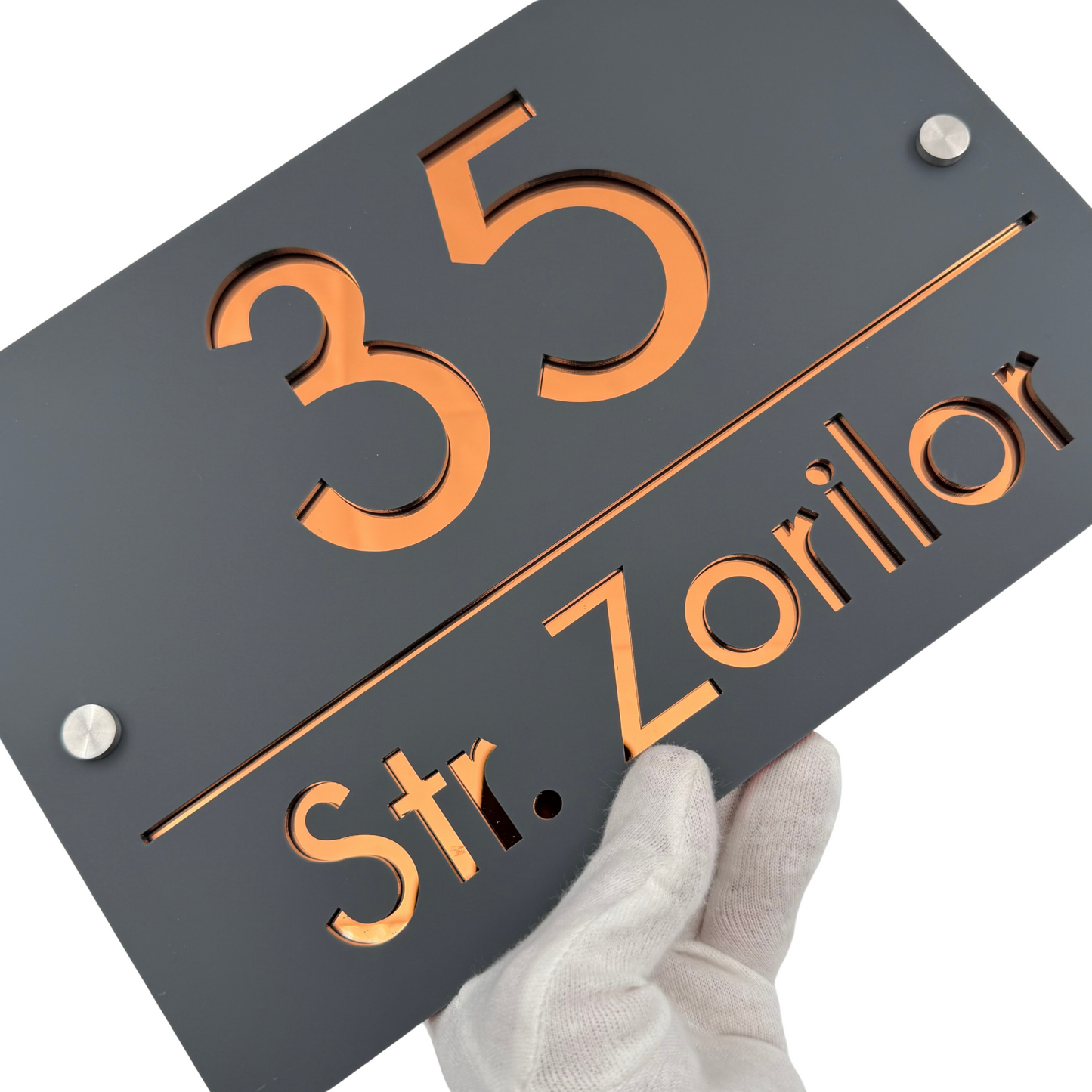 PREMIUM HOUSE NUMBER - Satin Grey Copper Mirror 2 Spacers Silver - 30×20 cm