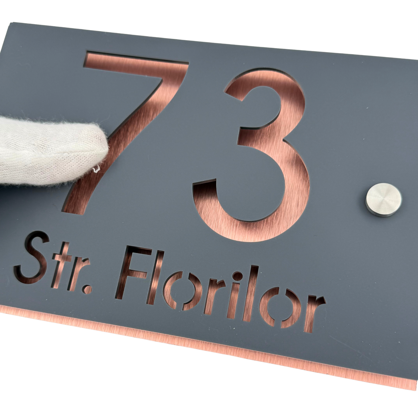 PREMIUM HOUSE NUMBER - Satin Grey Aluminium Pearly Copper 2 Spacers Silver - 20×13 cm
