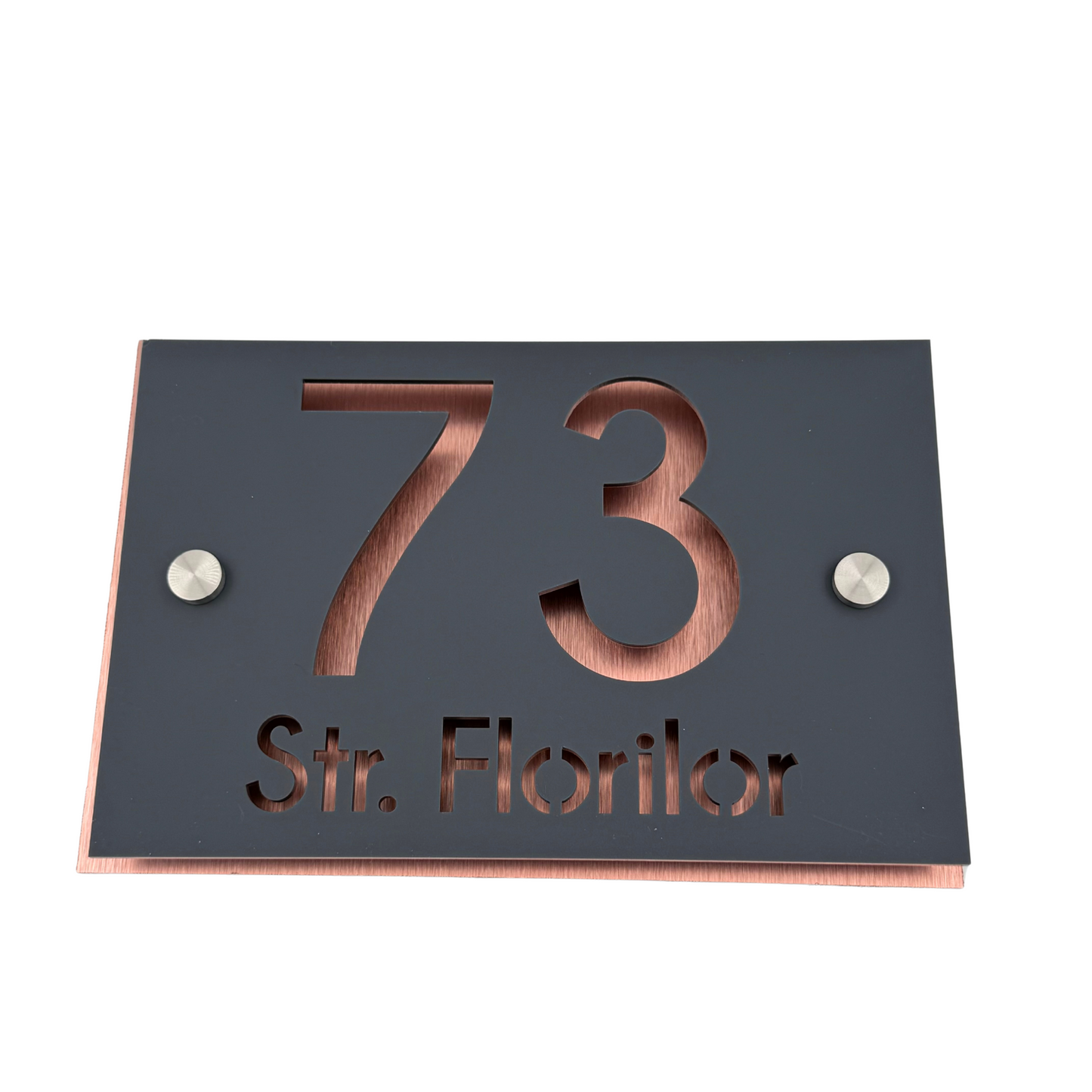 PREMIUM HOUSE NUMBER - Satin Grey Aluminium Pearly Copper 2 Spacers Silver - 20×13 cm