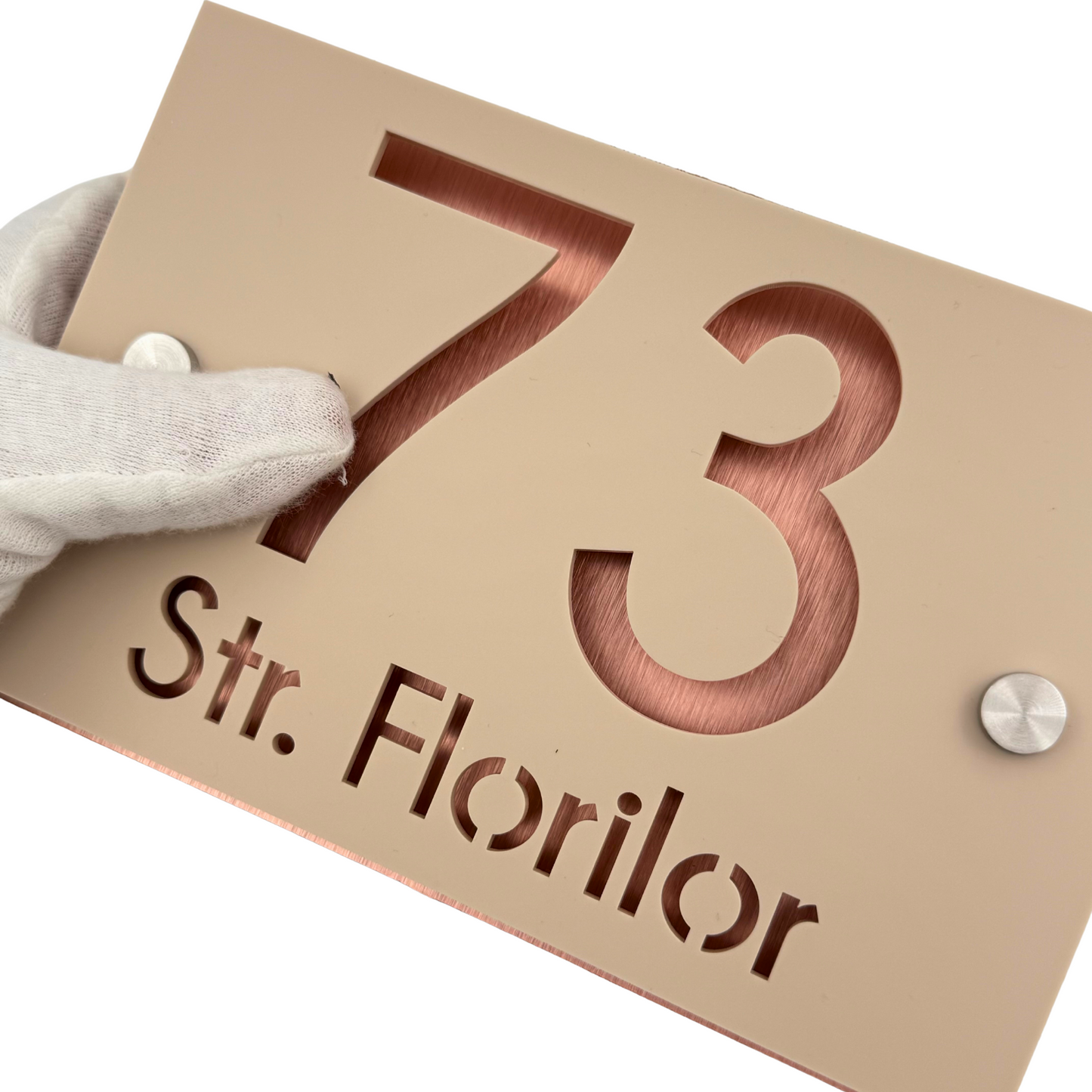 PREMIUM HOUSE NUMBER - Cream colour Satin Aluminium Pearly Copper 2 Spacers Silver - 20×13 cm