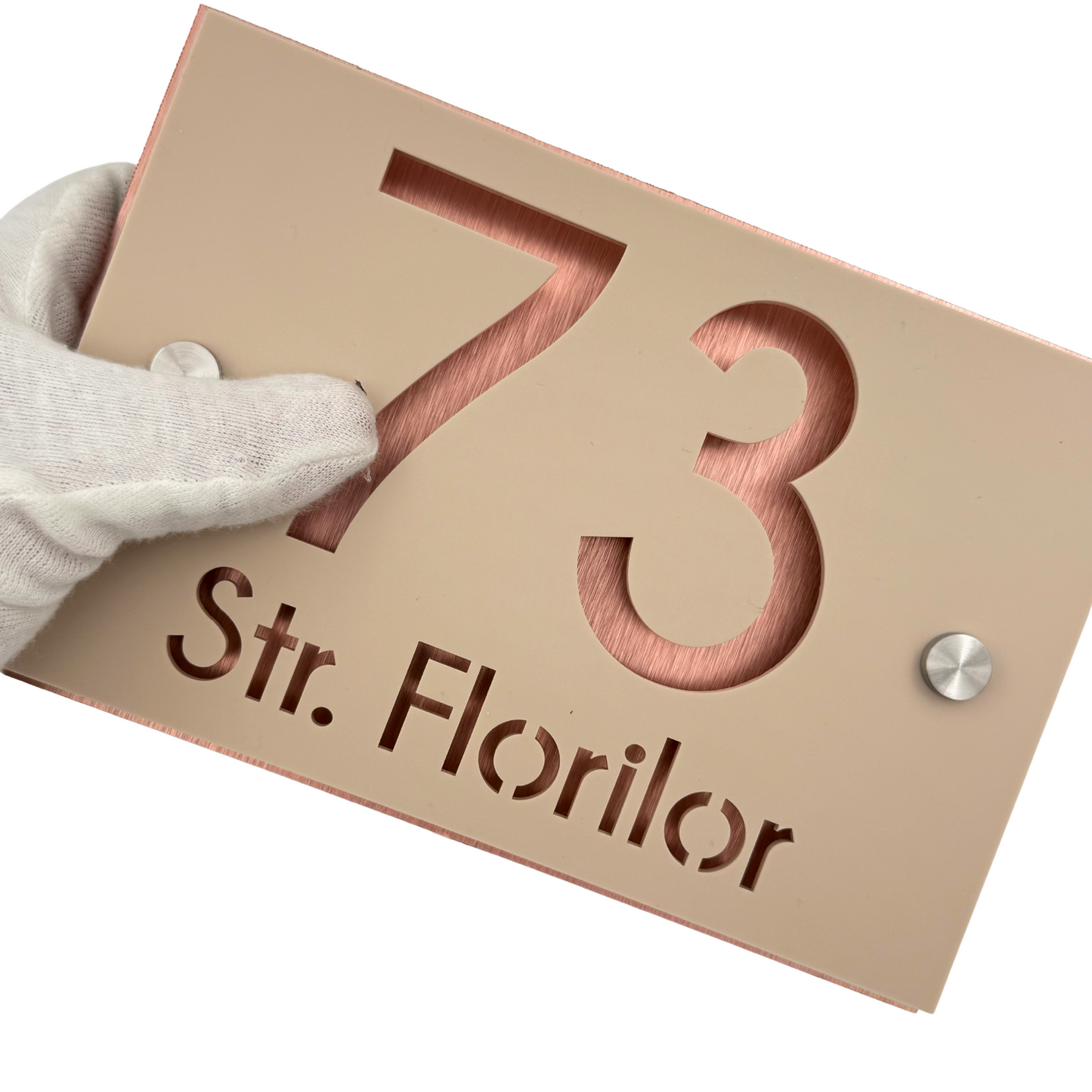 PREMIUM HOUSE NUMBER - Cream colour Satin Aluminium Pearly Copper 2 Spacers Silver - 20×13 cm