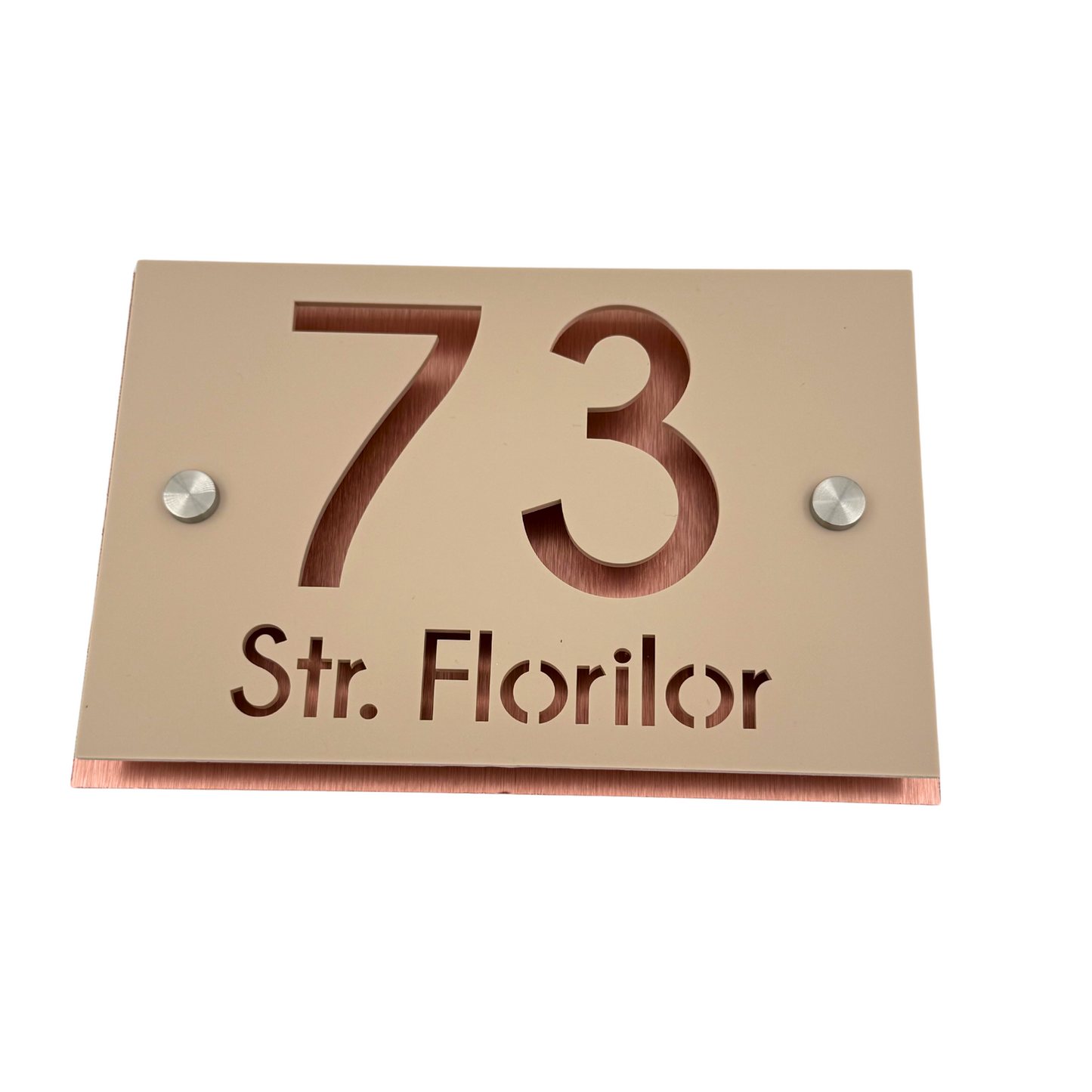 PREMIUM HOUSE NUMBER - Cream colour Satin Aluminium Pearly Copper 2 Spacers Silver - 20×13 cm