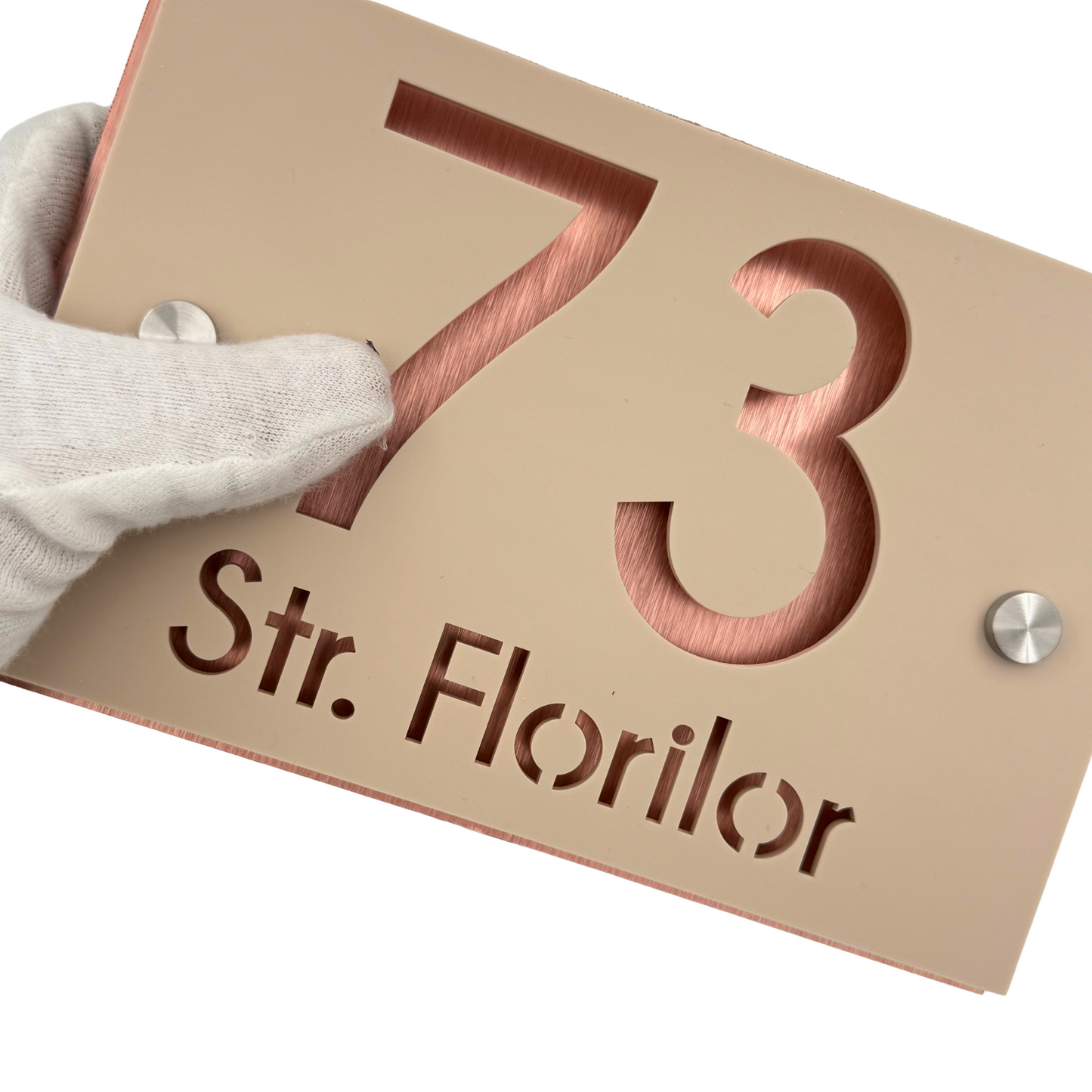PREMIUM HOUSE NUMBER - Cream colour Satin Aluminium Pearly Copper 2 Spacers Silver - 20×13 cm