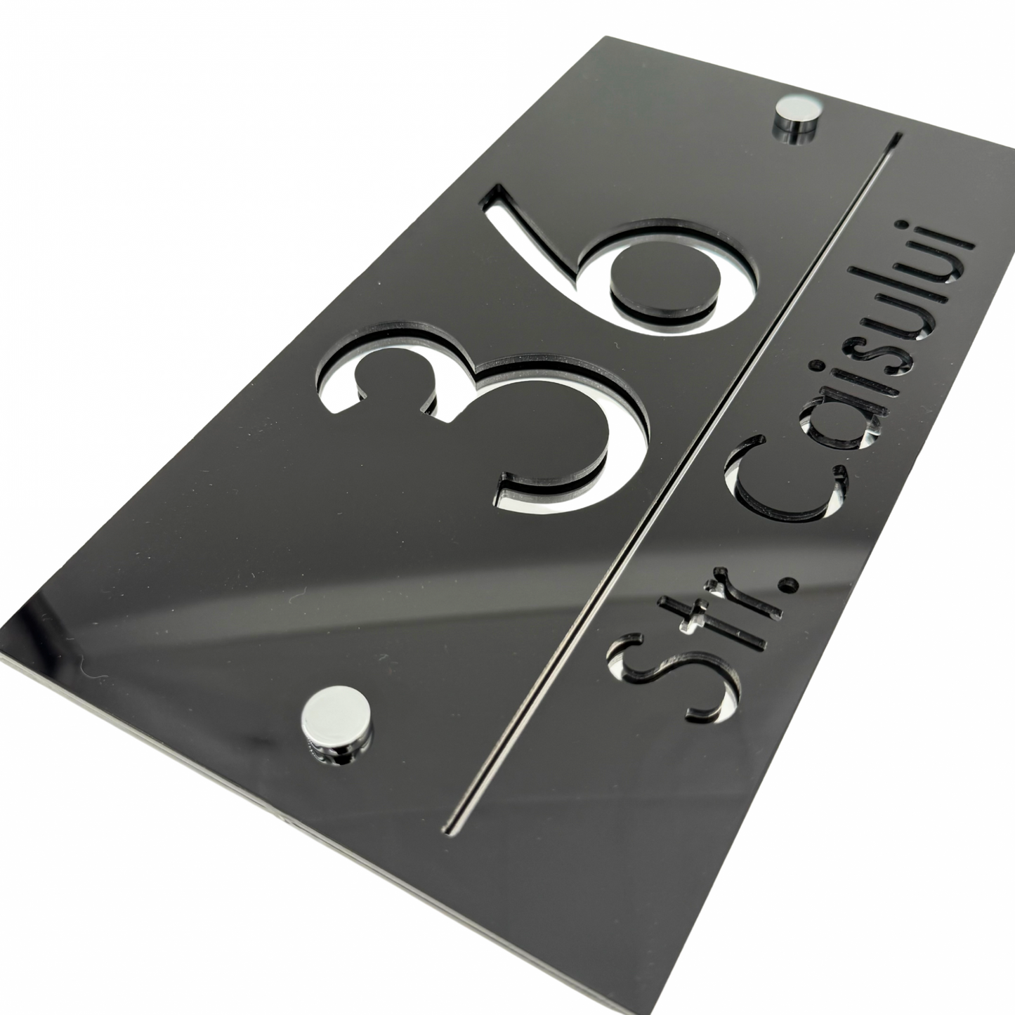 PREMIUM HOUSE NUMBER - Glossy Black Silver Mirror 2 Spacers Silver - 28×15 cm
