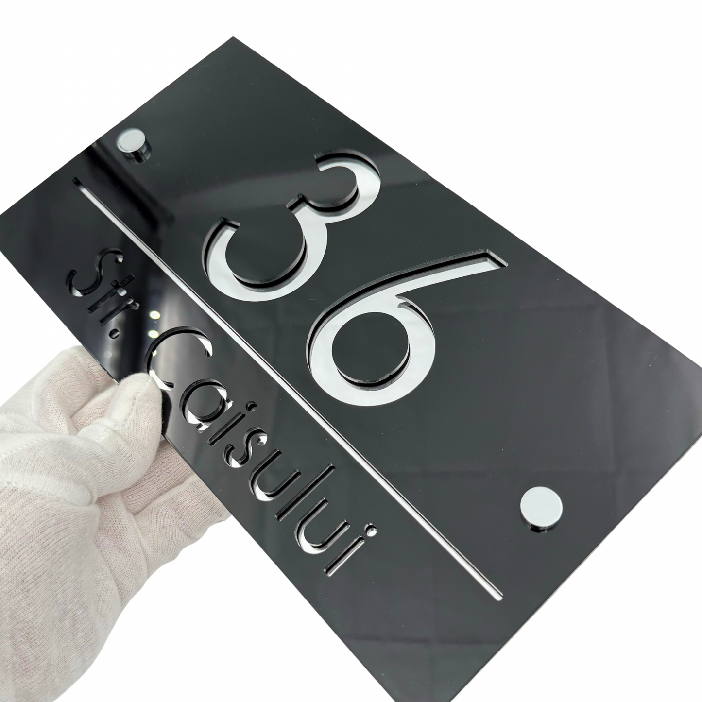PREMIUM HOUSE NUMBER - Glossy Black Silver Mirror 2 Spacers Silver - 28×15 cm