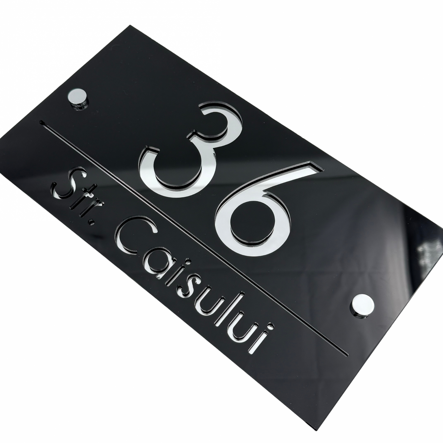 PREMIUM HOUSE NUMBER - Glossy Black Silver Mirror 2 Spacers Silver - 28×15 cm