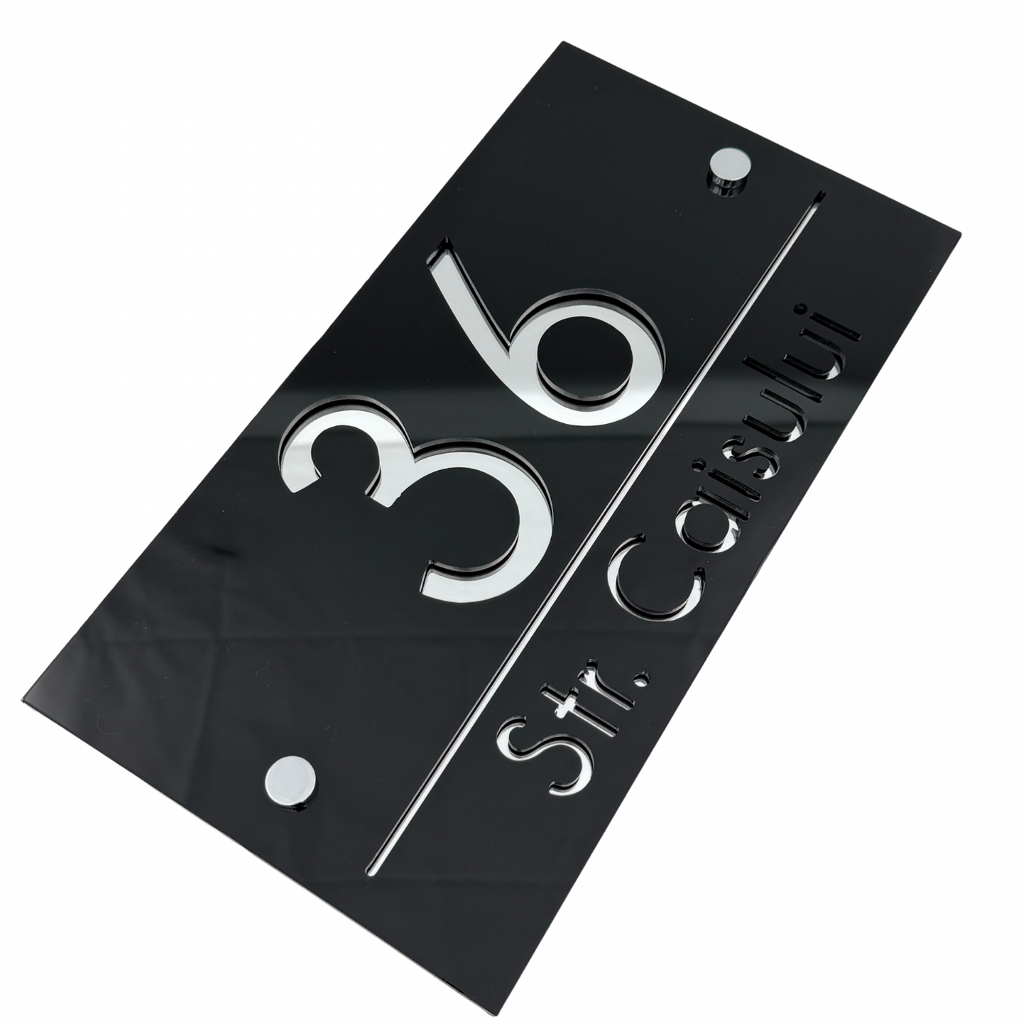 PREMIUM HOUSE NUMBER - Glossy Black Silver Mirror 2 Spacers Silver - 28×15 cm