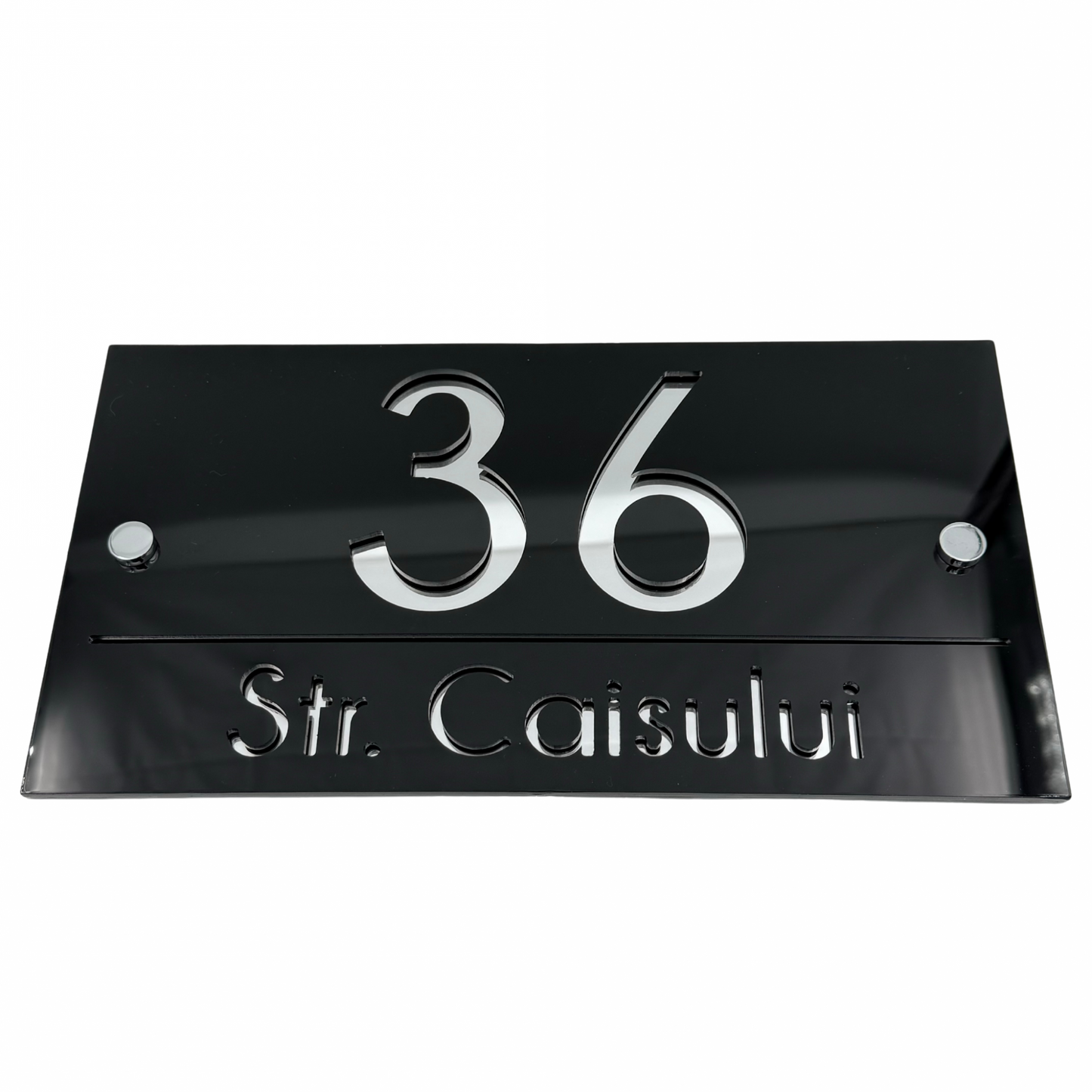PREMIUM HOUSE NUMBER - Glossy Black Silver Mirror 2 Spacers Silver - 28×15 cm