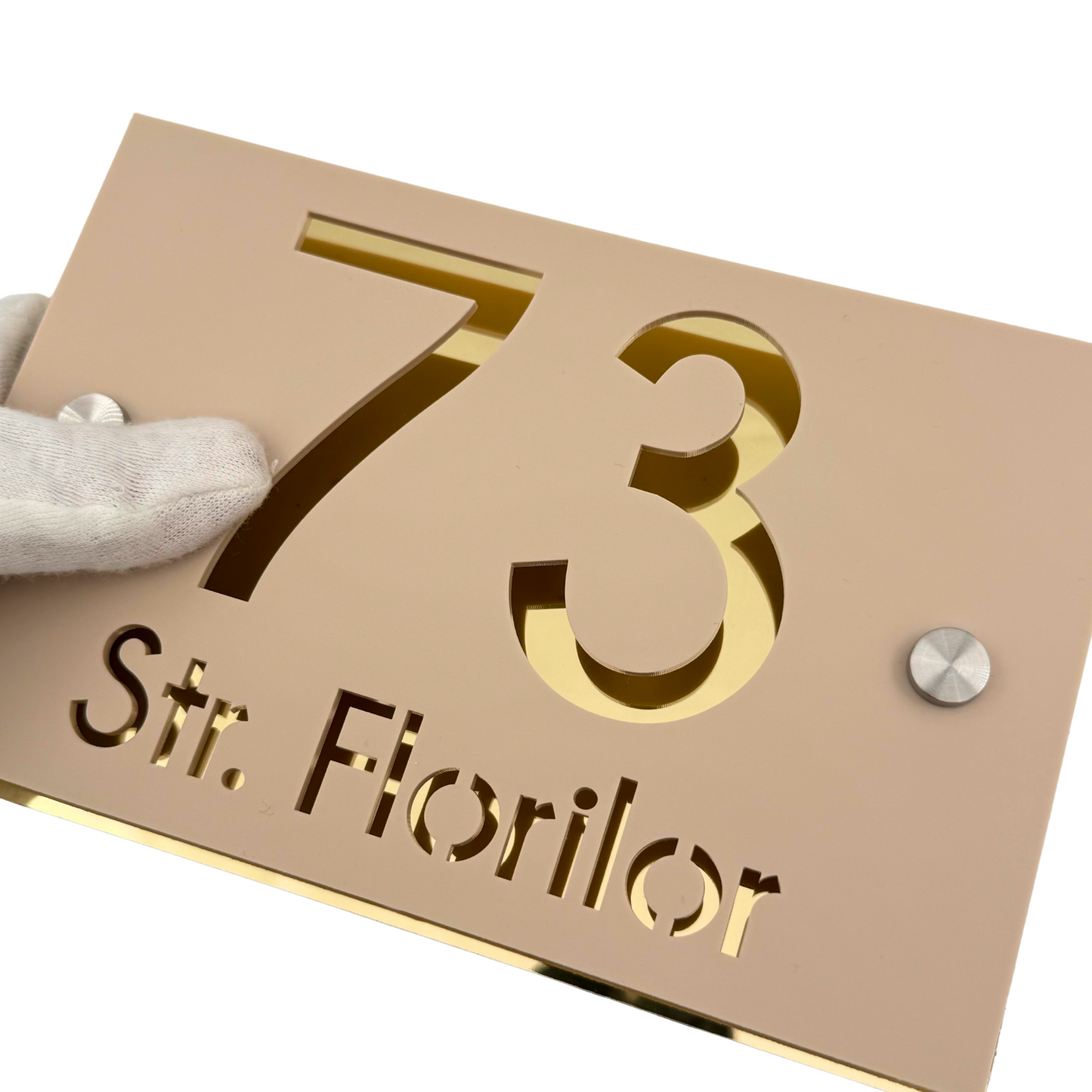 PREMIUM HOUSE NUMBER - Cream colour Satin Aluminium Gold 2 Spacers Silver - 20×13 cm