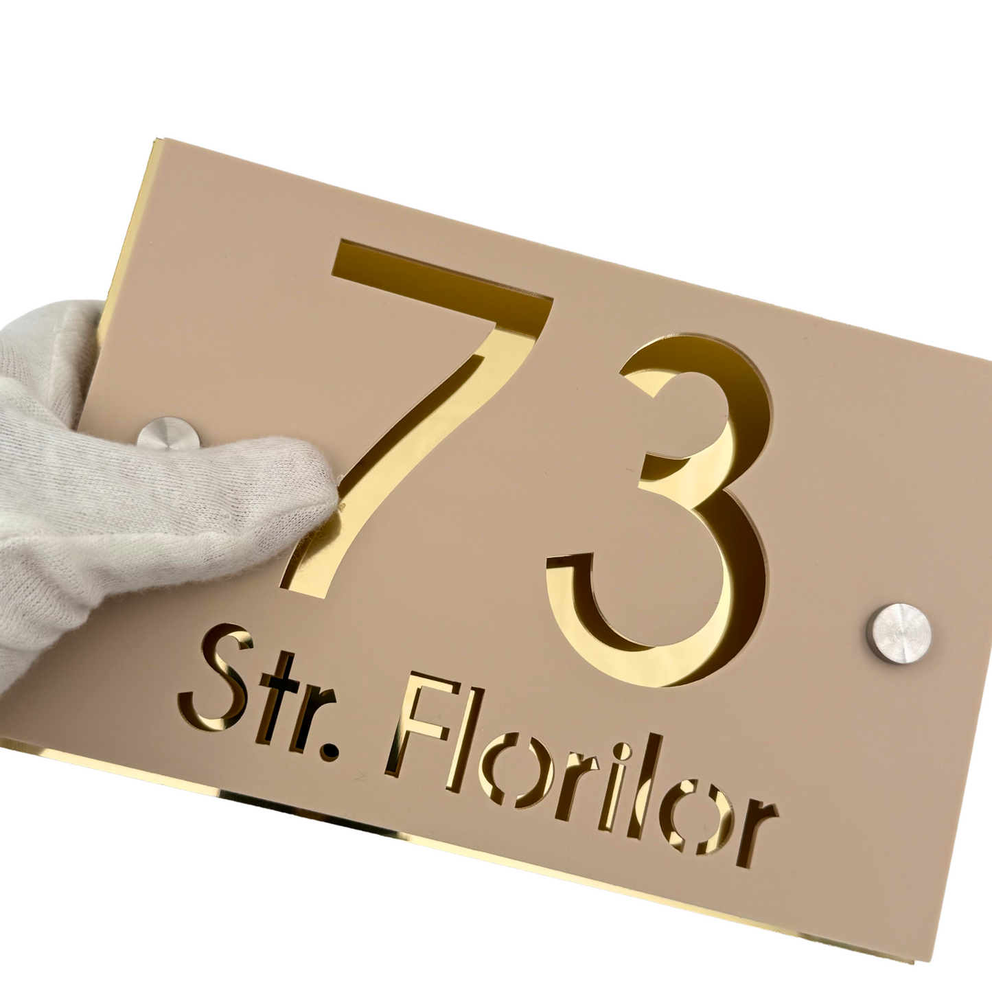 PREMIUM HOUSE NUMBER - Cream colour Satin Aluminium Gold 2 Spacers Silver - 20×13 cm