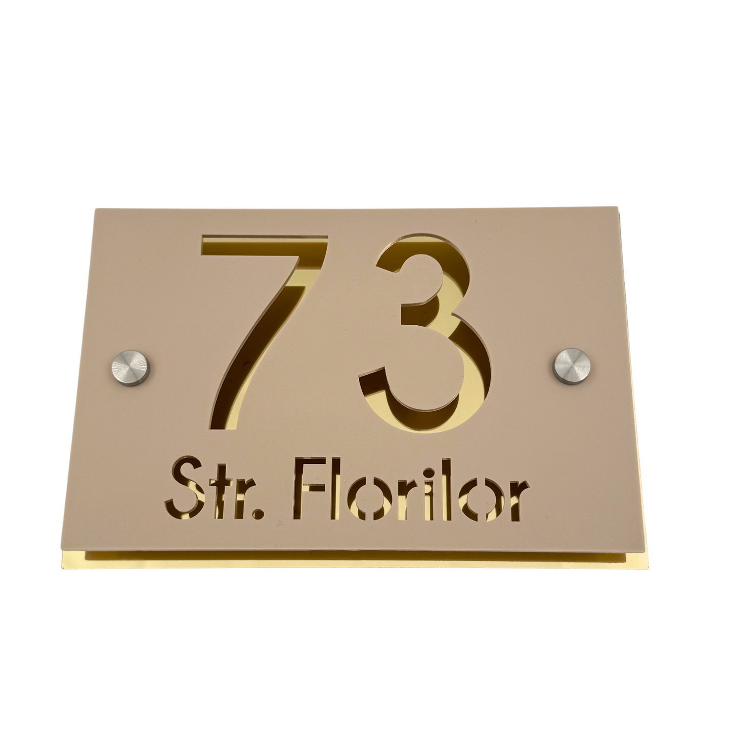PREMIUM HOUSE NUMBER - Cream colour Satin Aluminium Gold 2 Spacers Silver - 20×13 cm