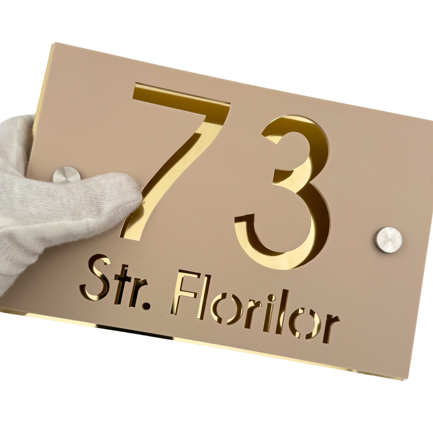 PREMIUM HOUSE NUMBER - Cream colour Satin Aluminium Gold 2 Spacers Silver - 20×13 cm
