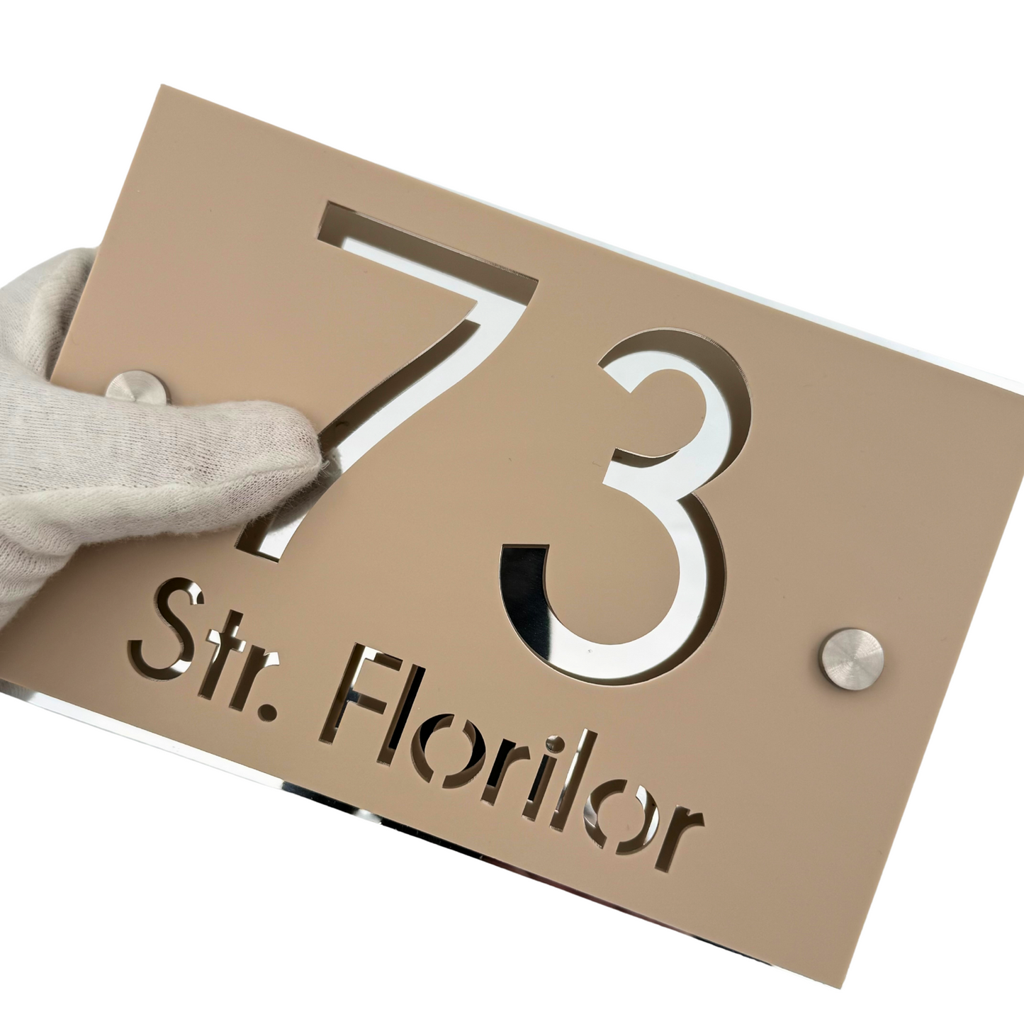 PREMIUM HOUSE NUMBER - Cream colour Satin Aluminium Silver 2 Spacers Silver - 20×13 cm