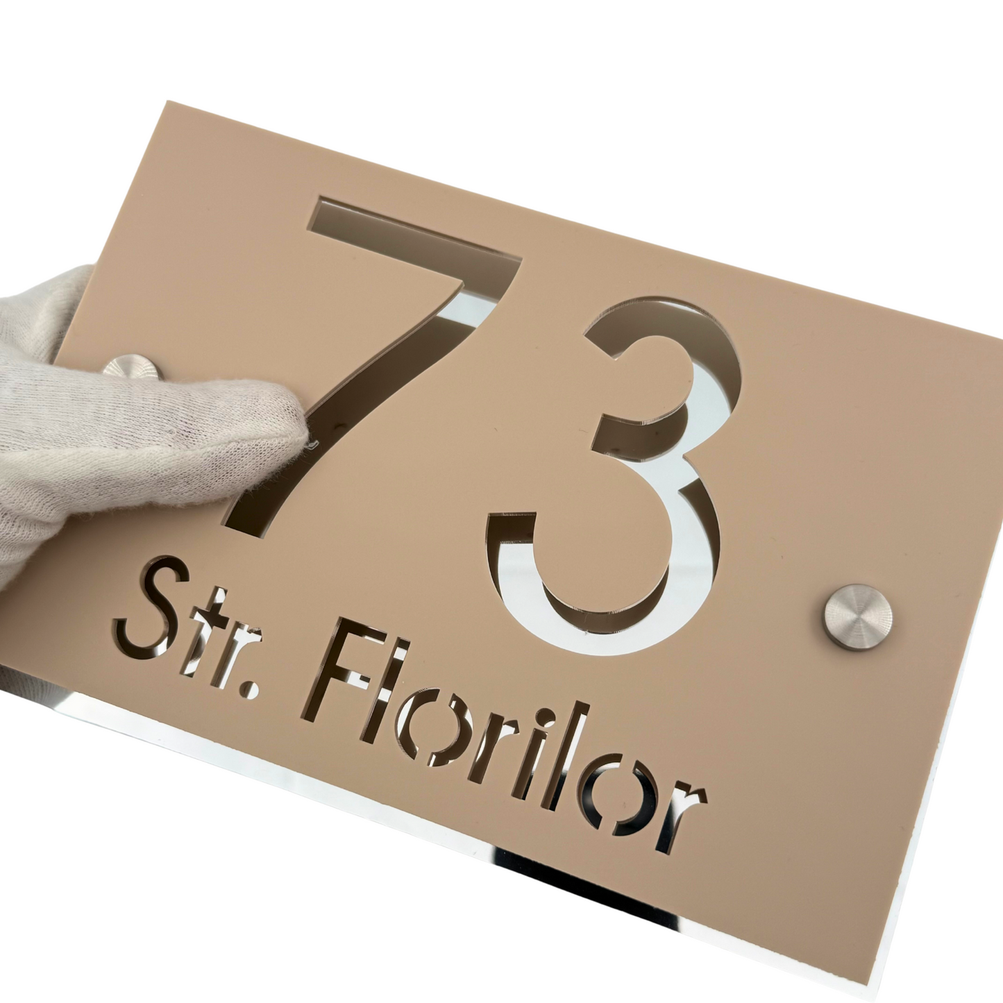PREMIUM HOUSE NUMBER - Cream colour Satin Aluminium Silver 2 Spacers Silver - 20×13 cm