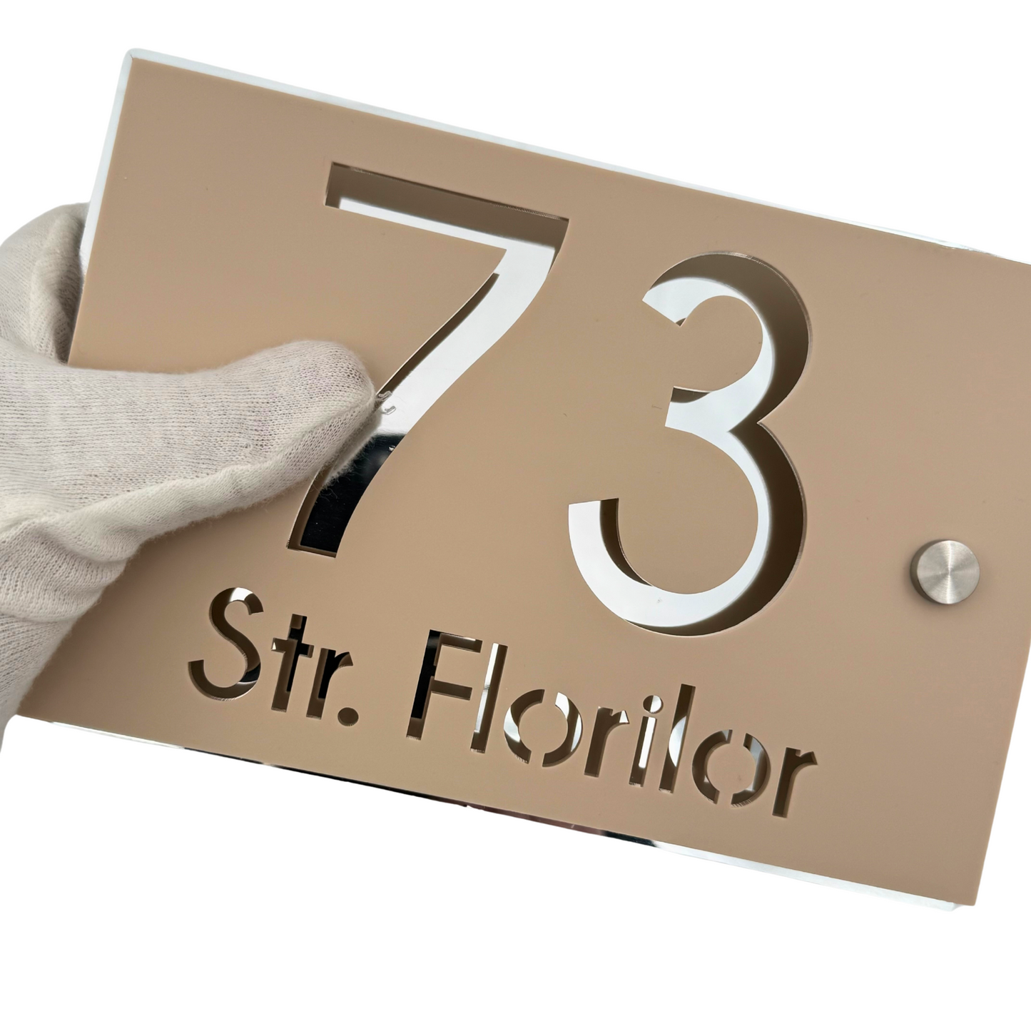 PREMIUM HOUSE NUMBER - Cream colour Satin Aluminium Silver 2 Spacers Silver - 20×13 cm