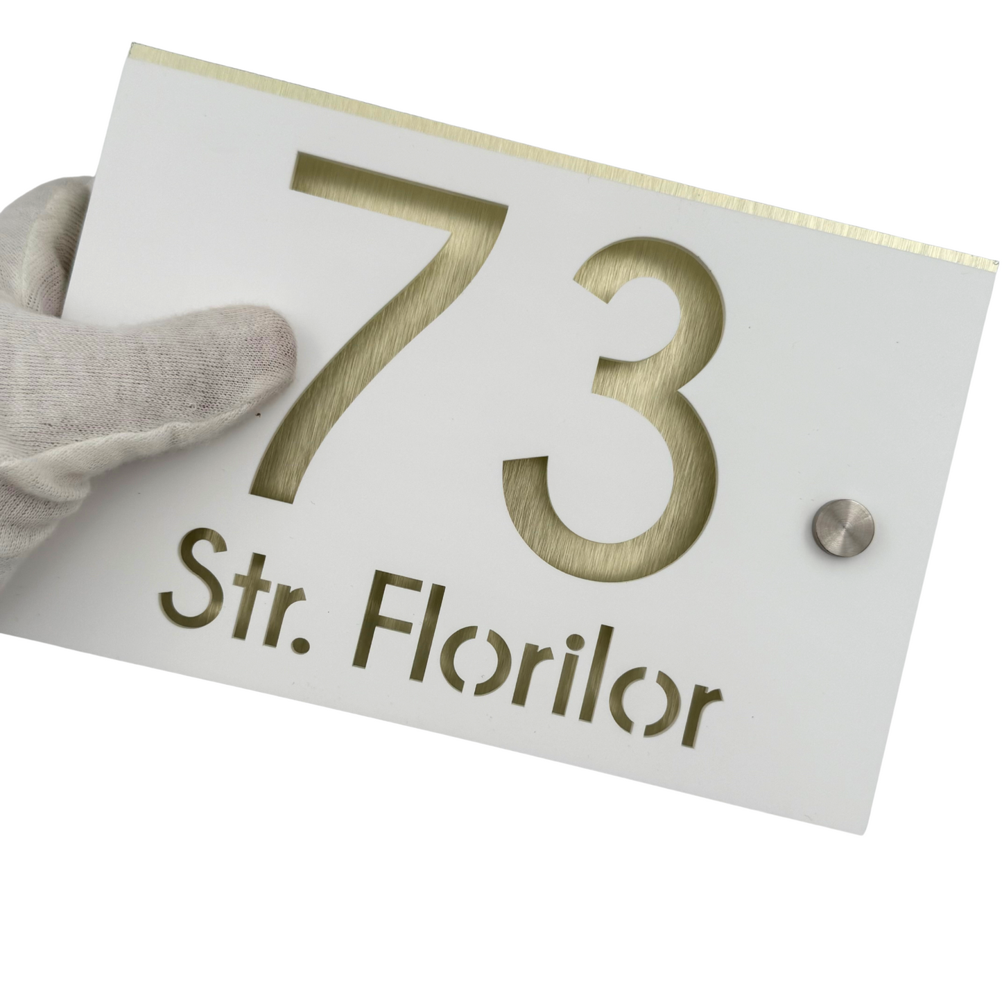 PREMIUM HOUSE NUMBER - White Satin Aluminium Pearly Gold 2 Spacers Silver - 20×13 cm