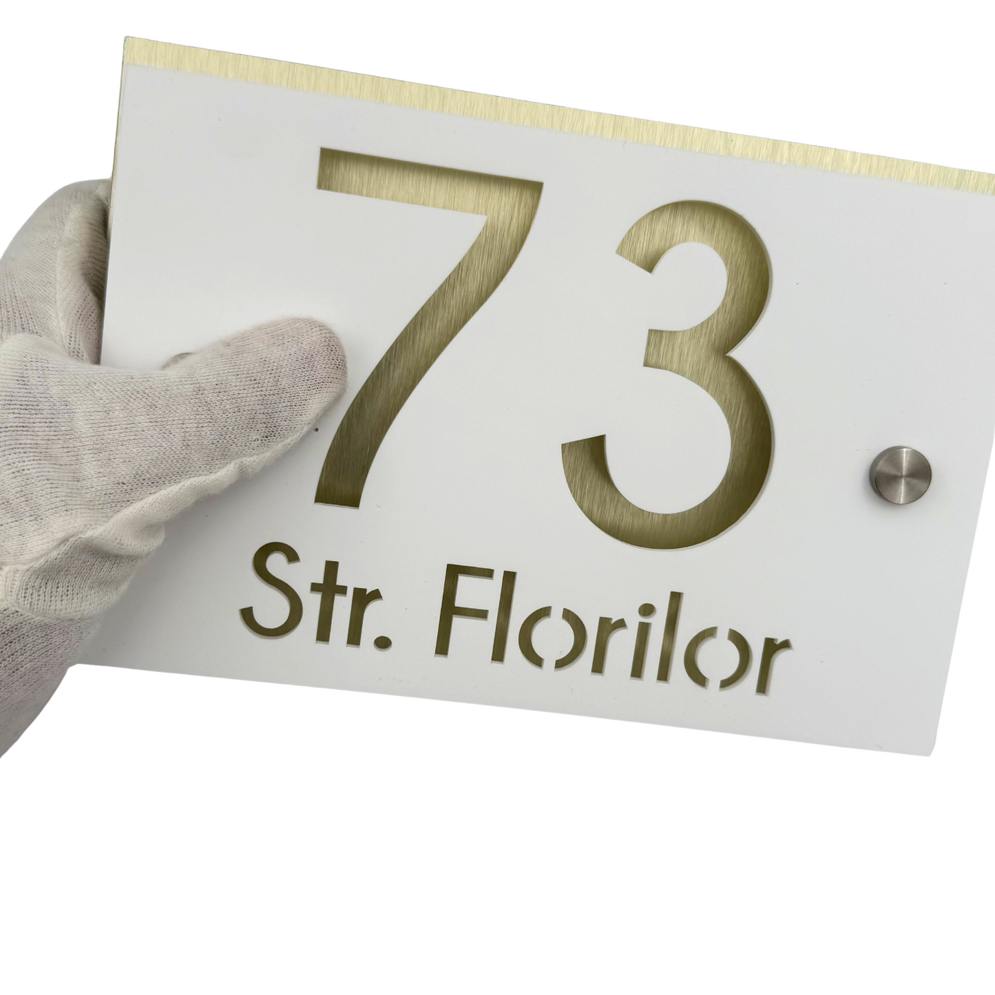 PREMIUM HOUSE NUMBER - White Satin Aluminium Pearly Gold 2 Spacers Silver - 20×13 cm