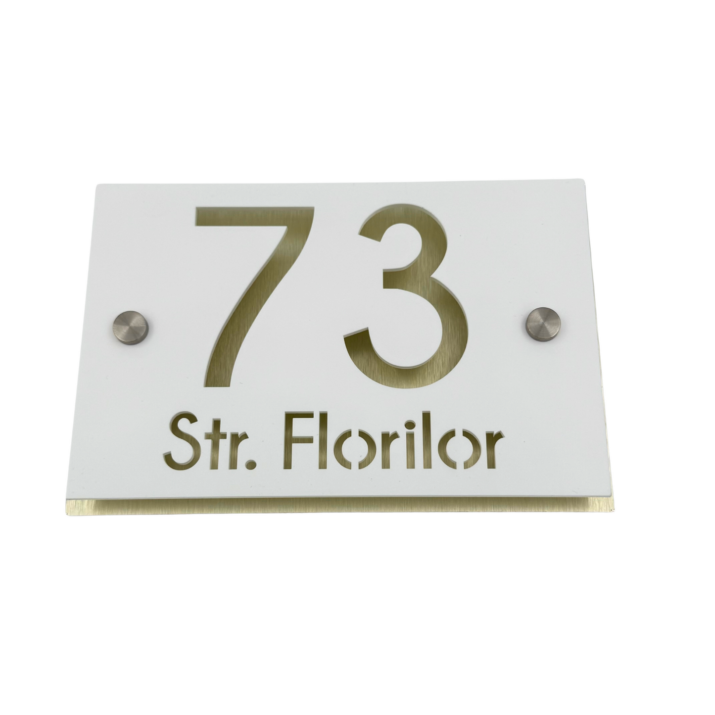 PREMIUM HOUSE NUMBER - White Satin Aluminium Pearly Gold 2 Spacers Silver - 20×13 cm