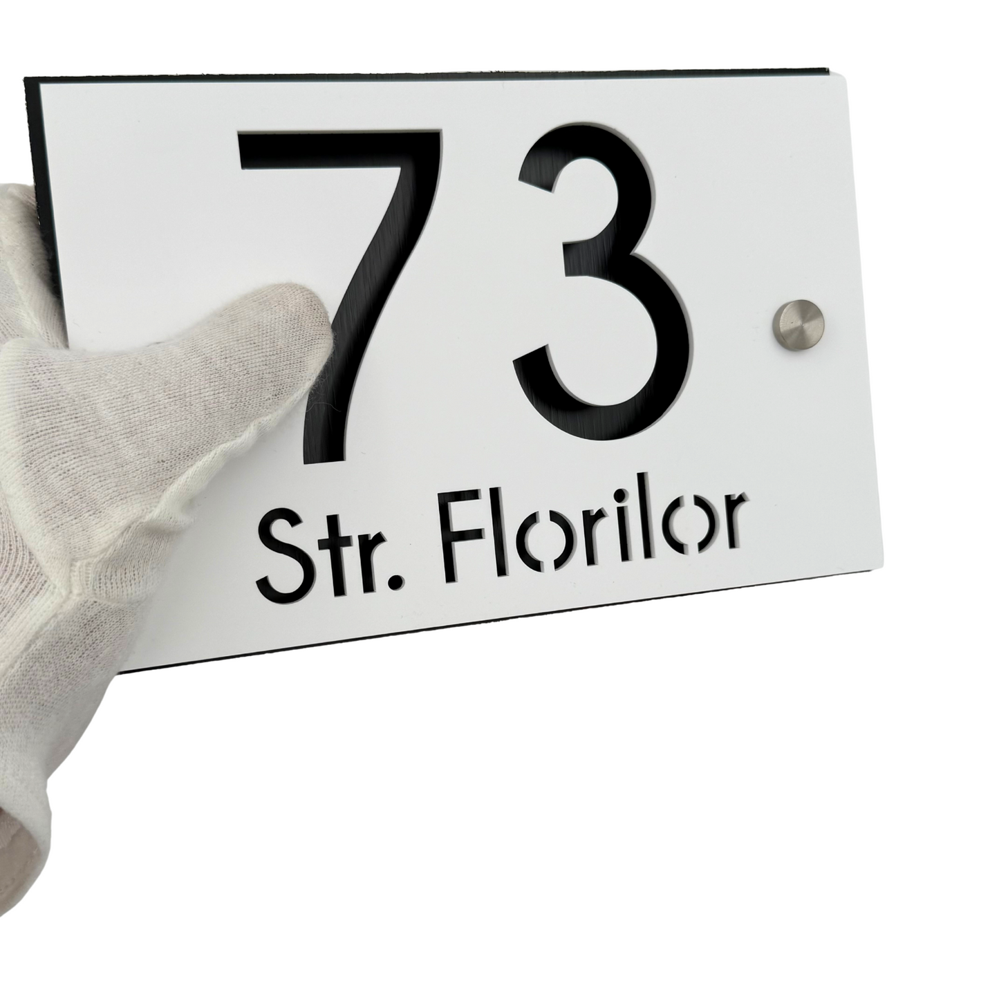 PREMIUM HOUSE NUMBER - White Satin Aluminium Pearly Black 2 Spacers Silver - 20×13 cm