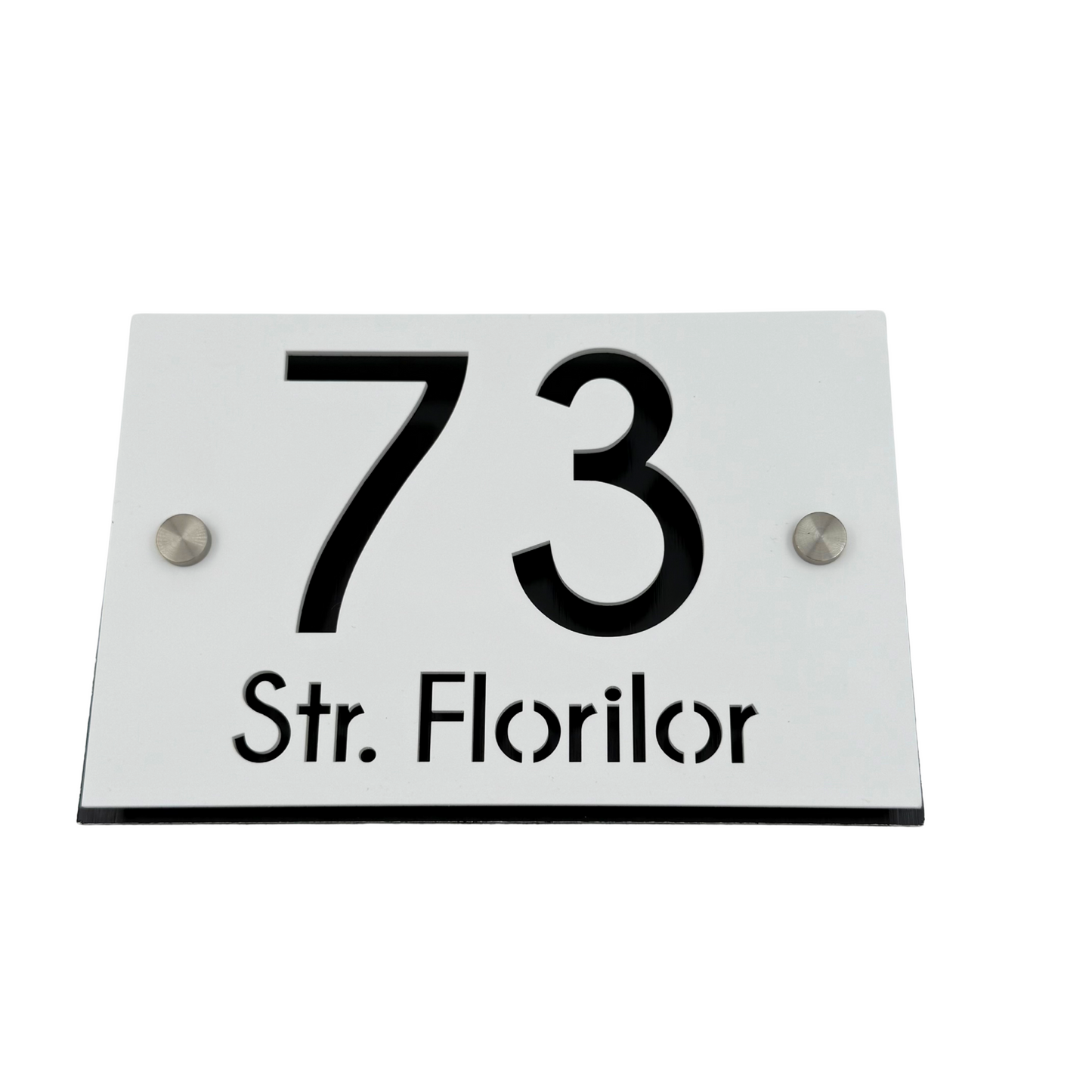 PREMIUM HOUSE NUMBER - White Satin Aluminium Pearly Black 2 Spacers Silver - 20×13 cm