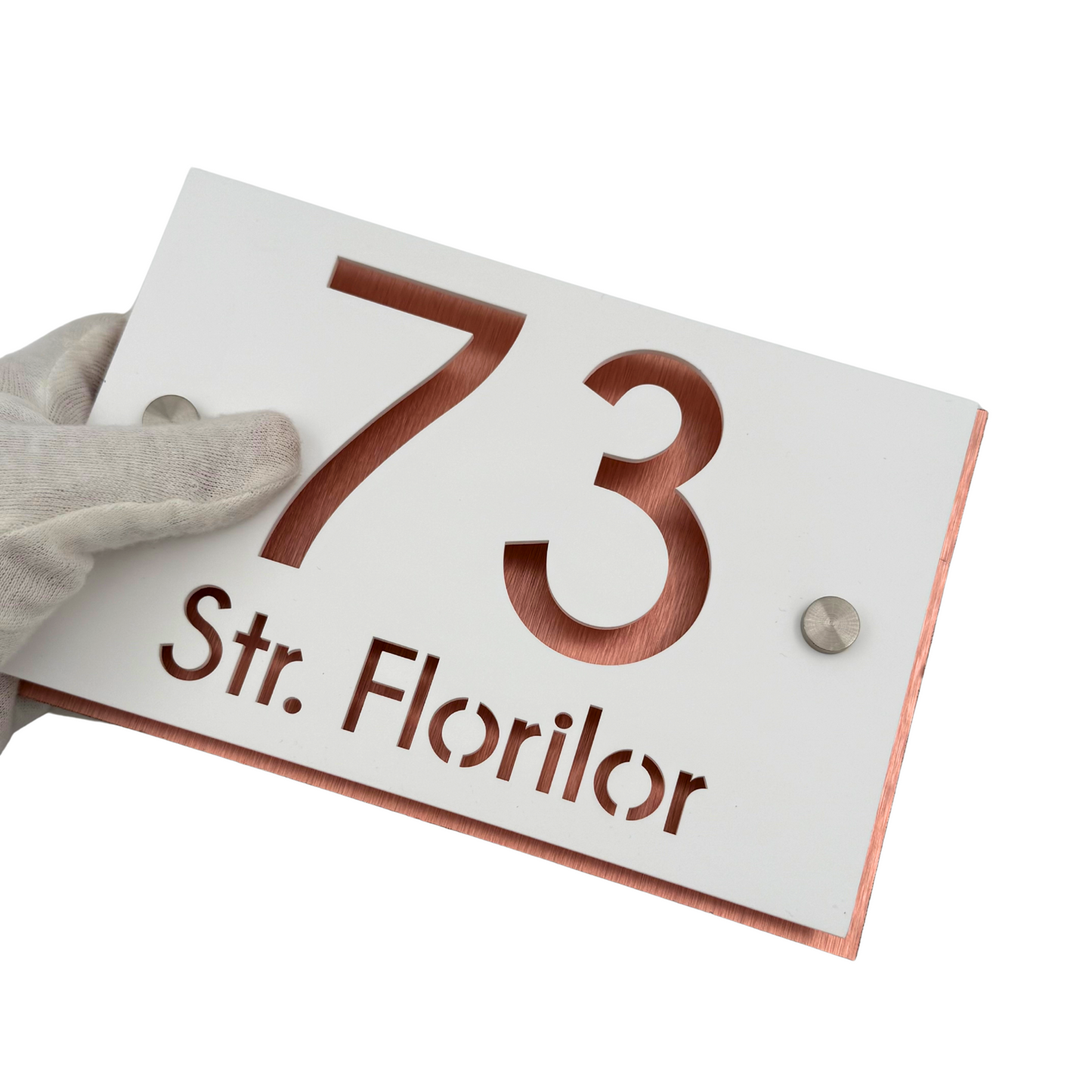 PREMIUM HOUSE NUMBER - White Satin Aluminium Pearly Copper 2 Spacers Silver - 20×13 cm