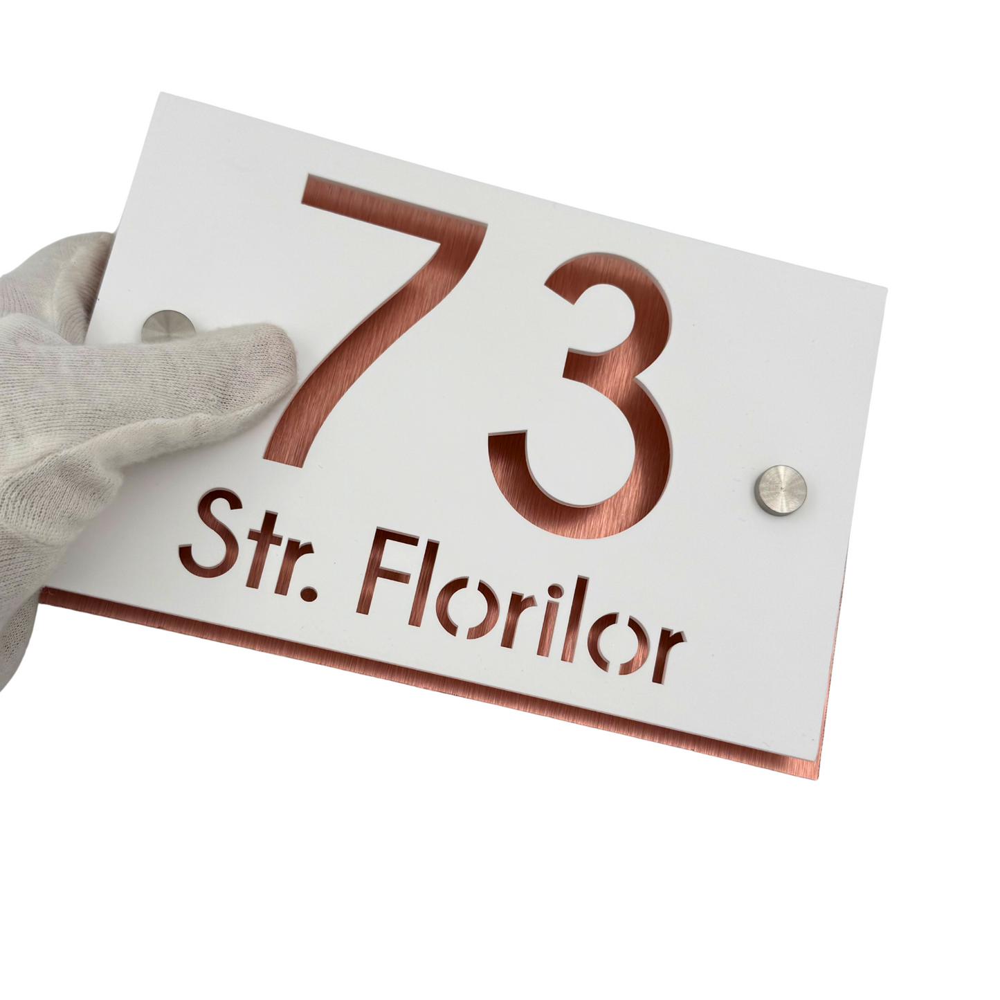PREMIUM HOUSE NUMBER - White Satin Aluminium Pearly Copper 2 Spacers Silver - 20×13 cm