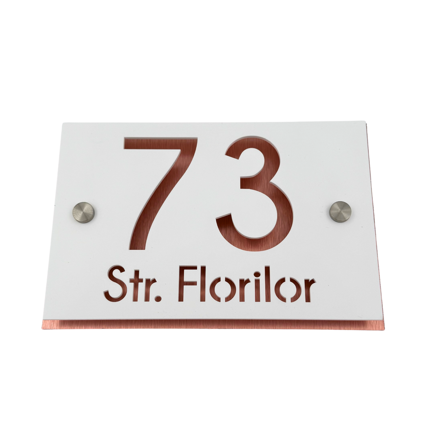 PREMIUM HOUSE NUMBER - White Satin Aluminium Pearly Copper 2 Spacers Silver - 20×13 cm