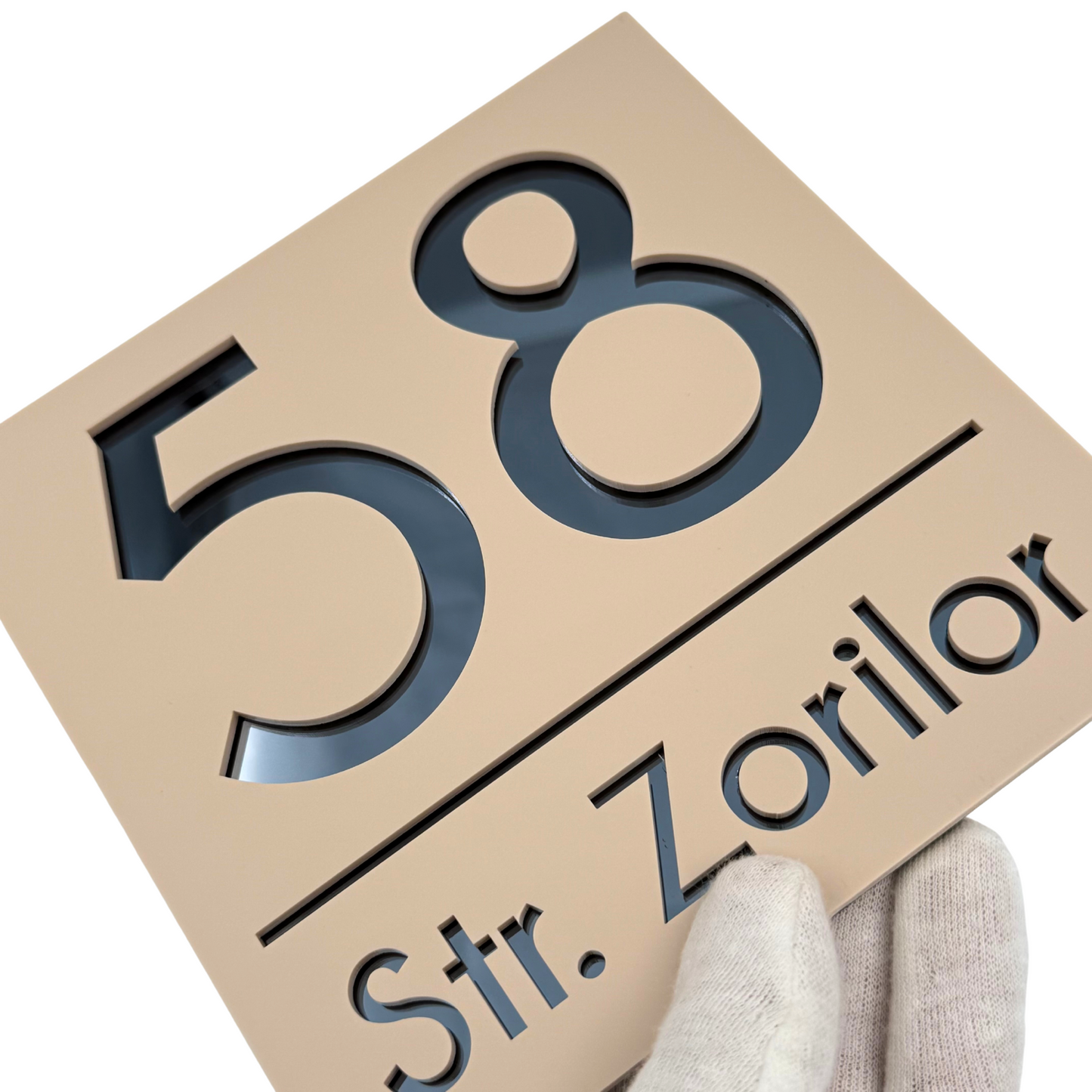 PREMIUM HOUSE NUMBER - Cream colour Satin Anthracite Grey Mirror - 17×17 cm