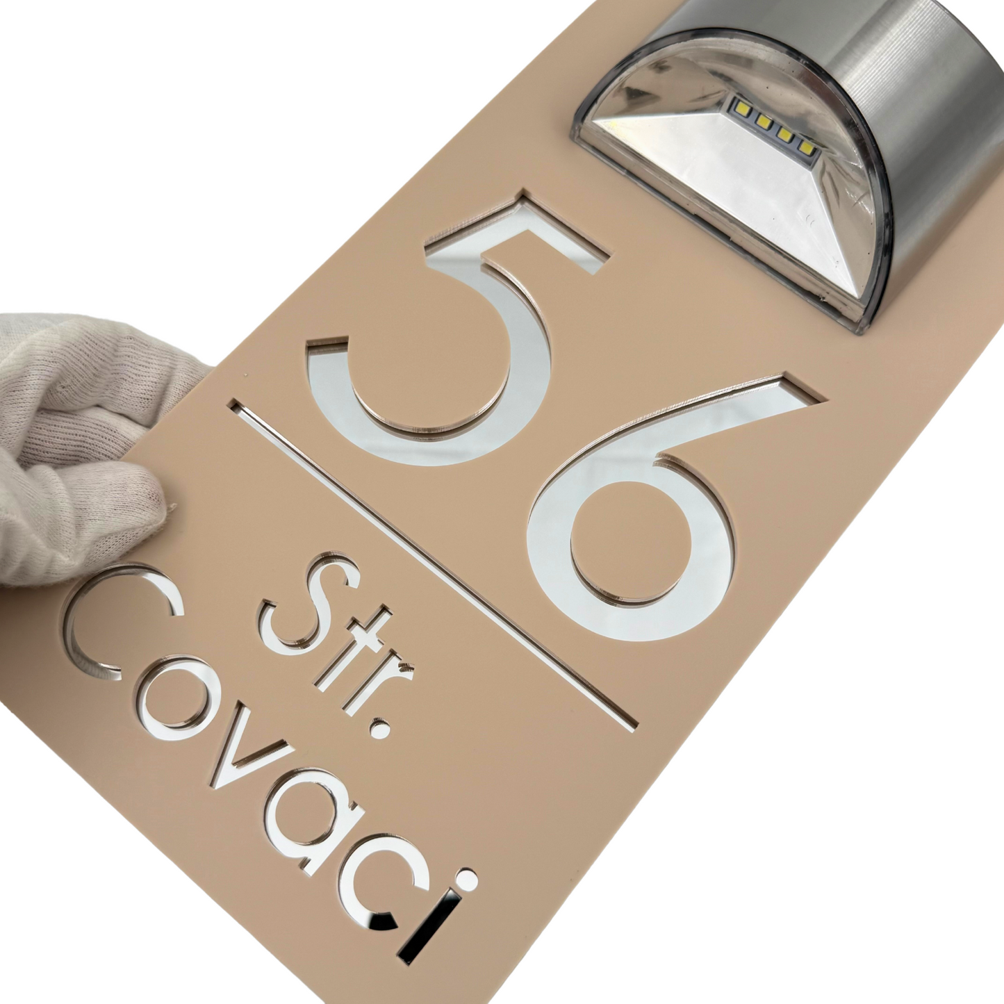 PREMIUM HOUSE NUMBER - Cream colour Satin Silver Mirror Lampa Solara - 30×15 cm