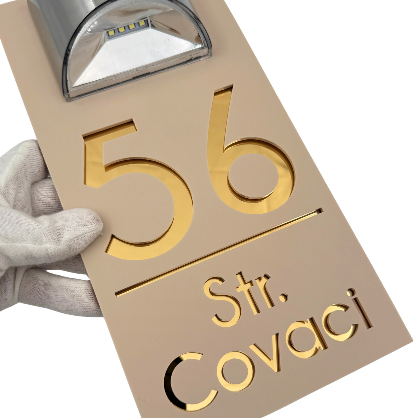 PREMIUM HOUSE NUMBER - Cream colour Satin Gold Mirror Lampa Solara - 30×15 cm