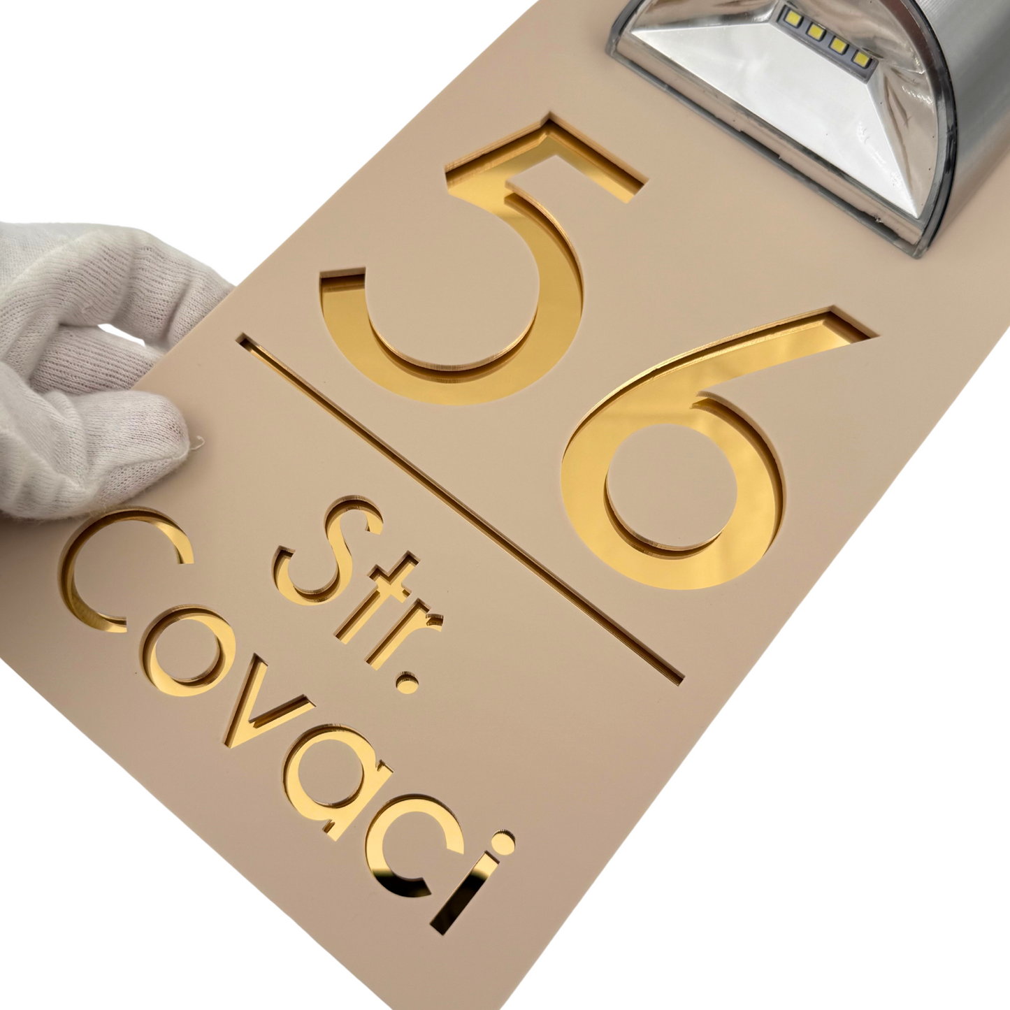 PREMIUM HOUSE NUMBER - Cream colour Satin Gold Mirror Lampa Solara - 30×15 cm