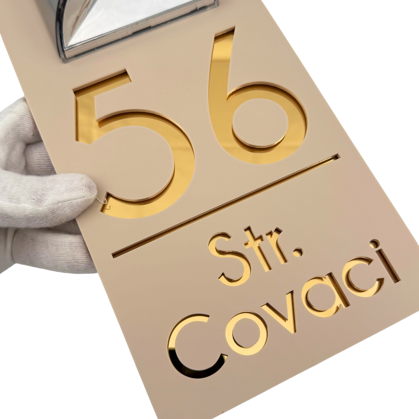 PREMIUM HOUSE NUMBER - Cream colour Satin Gold Mirror Lampa Solara - 30×15 cm