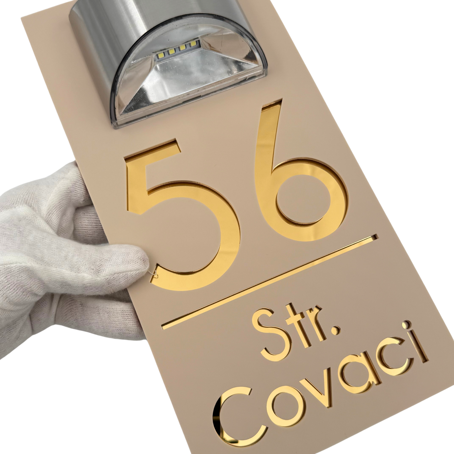 PREMIUM HOUSE NUMBER - Cream colour Satin Gold Mirror Lampa Solara - 30×15 cm